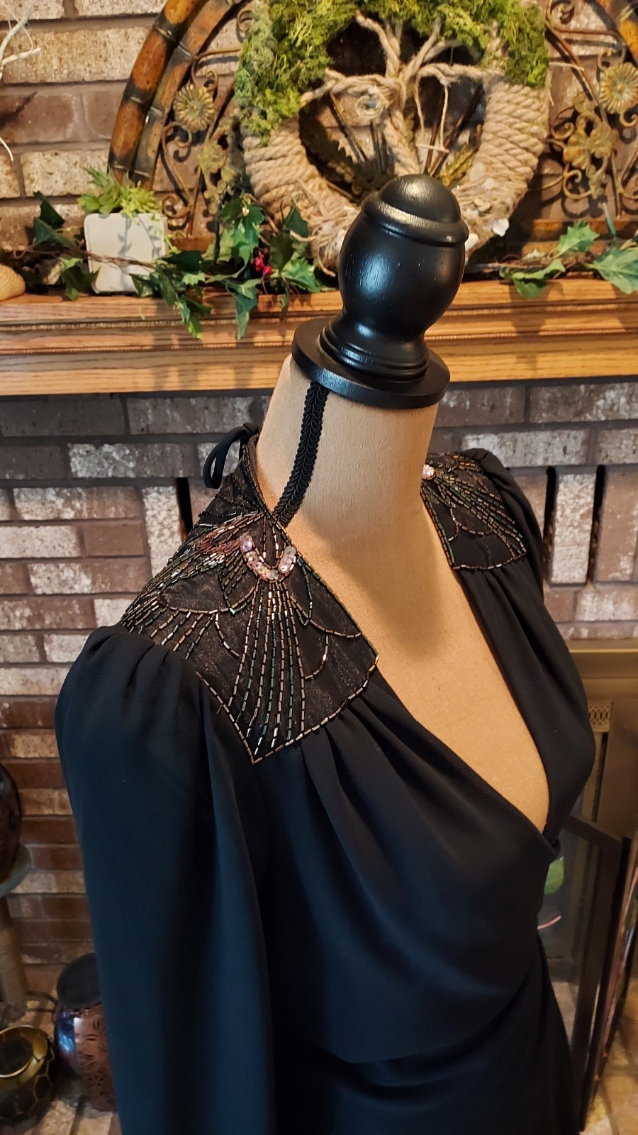 Vintage Casadei Black Beaded Ruched Asymmetrical Hem Wrap Cocktail Party Dress 6