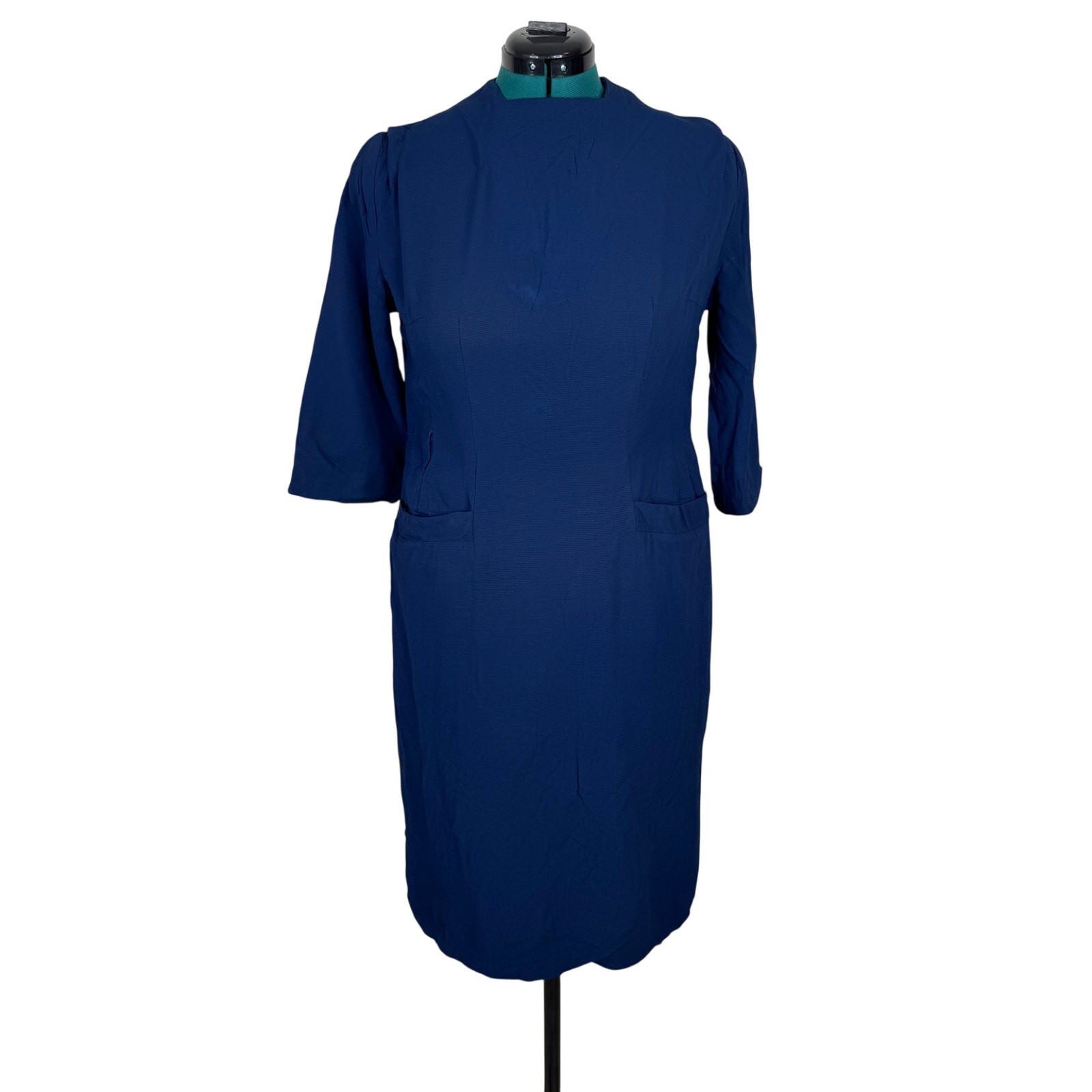 Vintage 1970s Navy Ribbed Shift Dress L XL Pinup Mod Secretary Project As Is