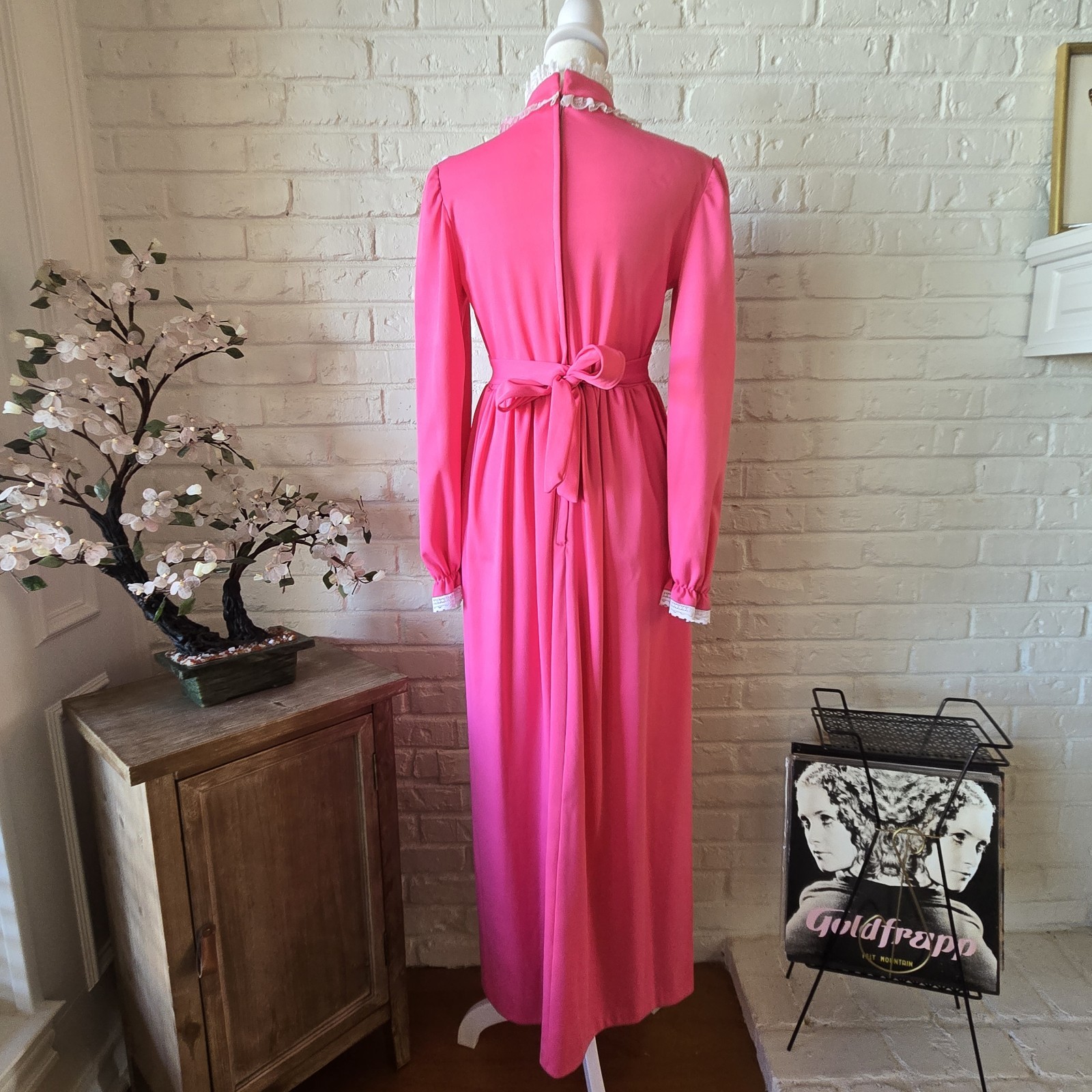 Vtg 60s 70s Pink Cameo Maxi Dress, Lace Trim, Sash, Long Sleeve, Party, Union