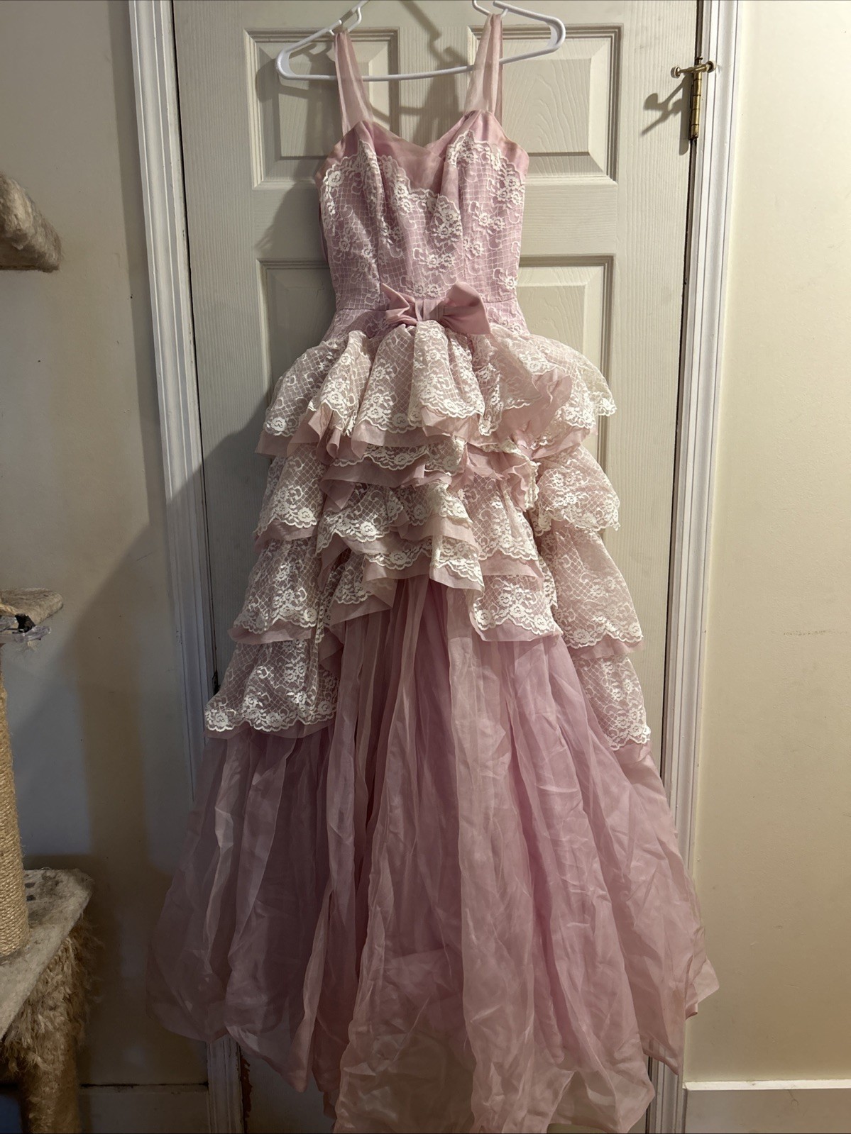 1950 Vintage Pastel Pink Tiered Ruffled Tulle Dress Gown Cup Cake Union Made