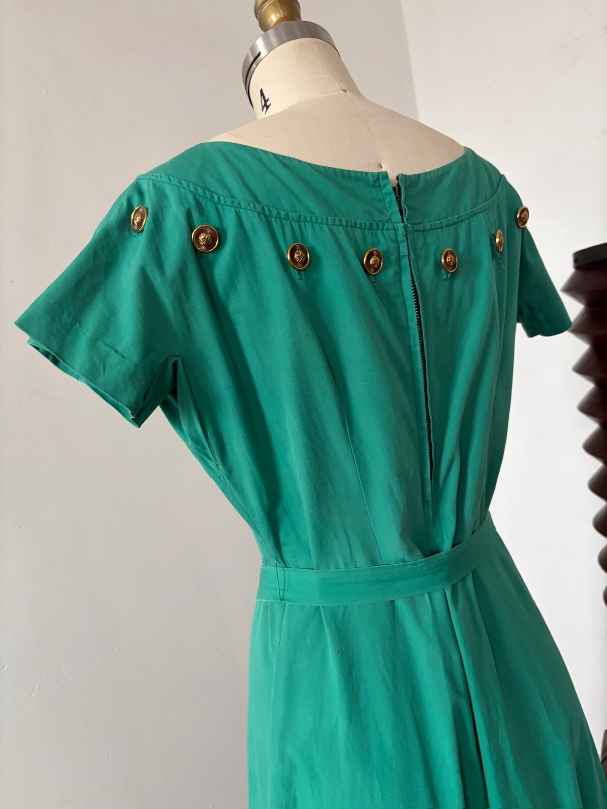 1950s Jade Green Polished Cotton Day Dress Midi Bateau Neck Crest Buttons Resort