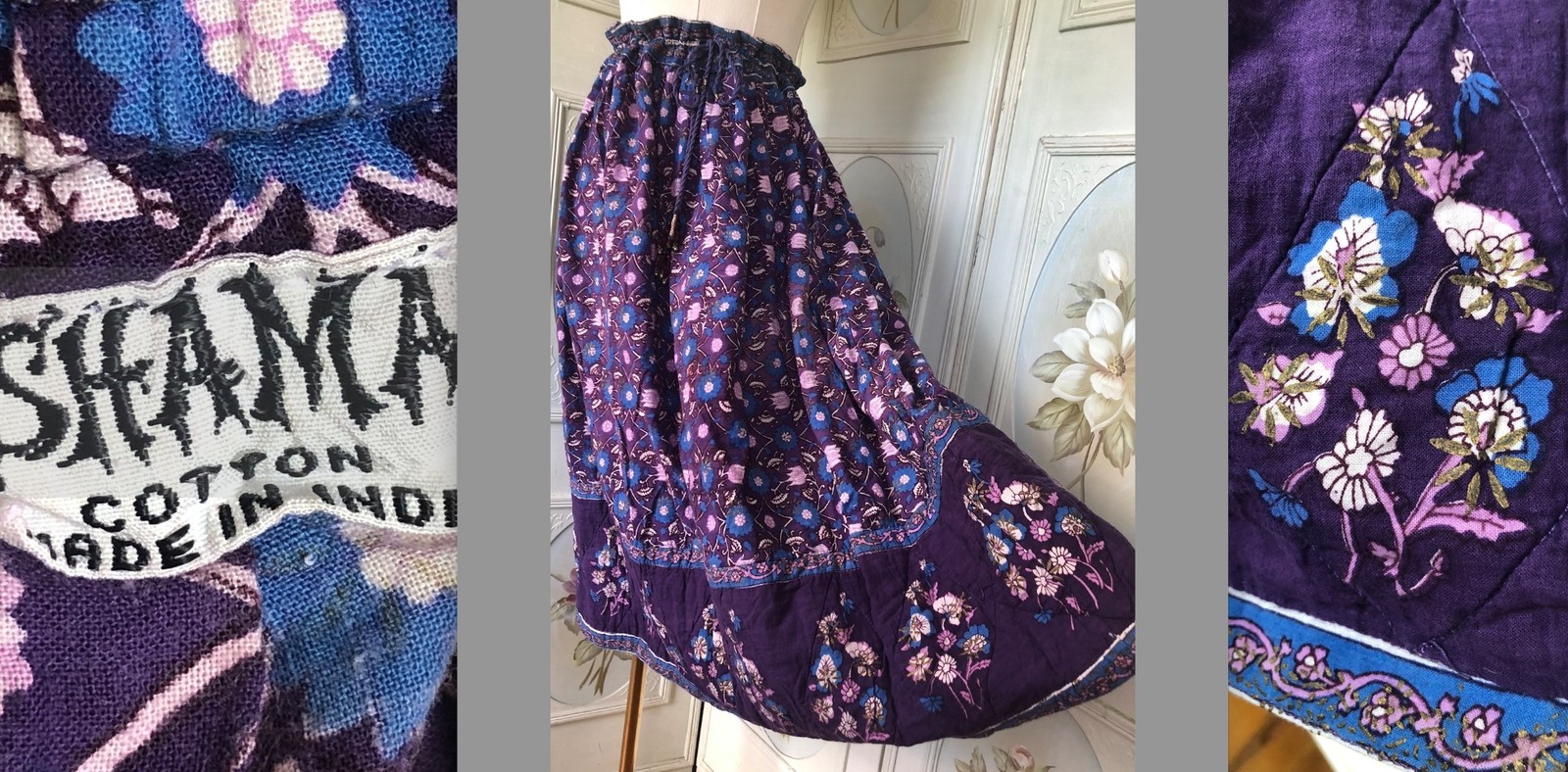 VTG SHAMA INDIAN 100% COTTON SKIRT QUILTED HANDPRINT PERIWINKLE BLUE PINK EUC