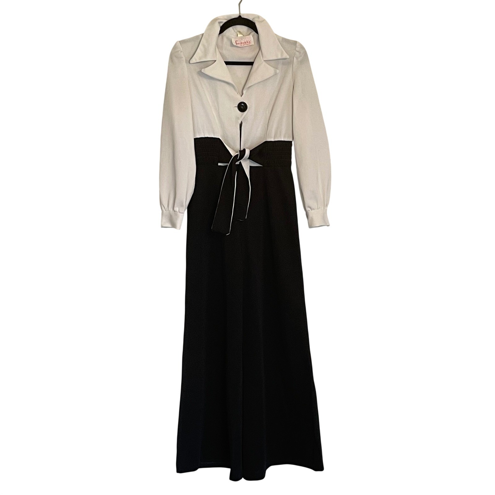 Vintage Fredericks of Hollywood Jumpsuit Black White Wide Leg Smocked 70s Tuxedo