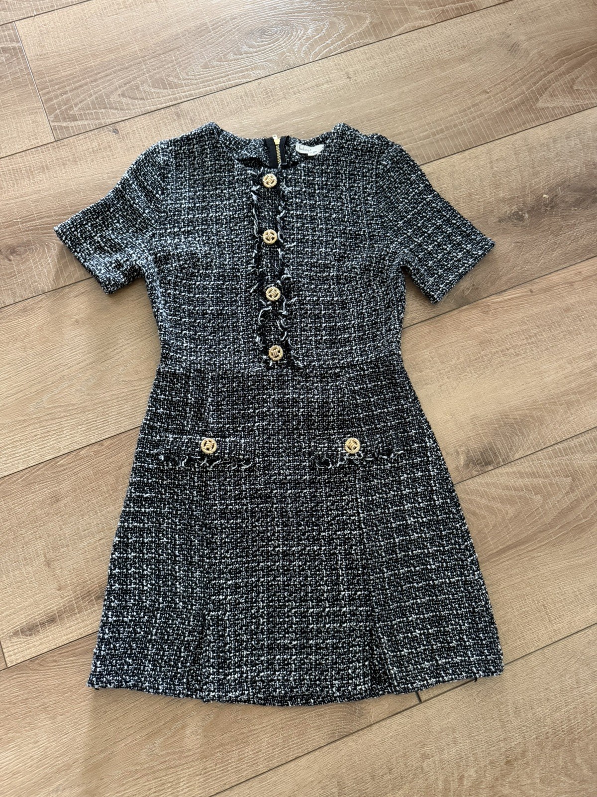BeBop Black and White Tweed Short Sleeve Dress with Gold Buttons, Sz Small