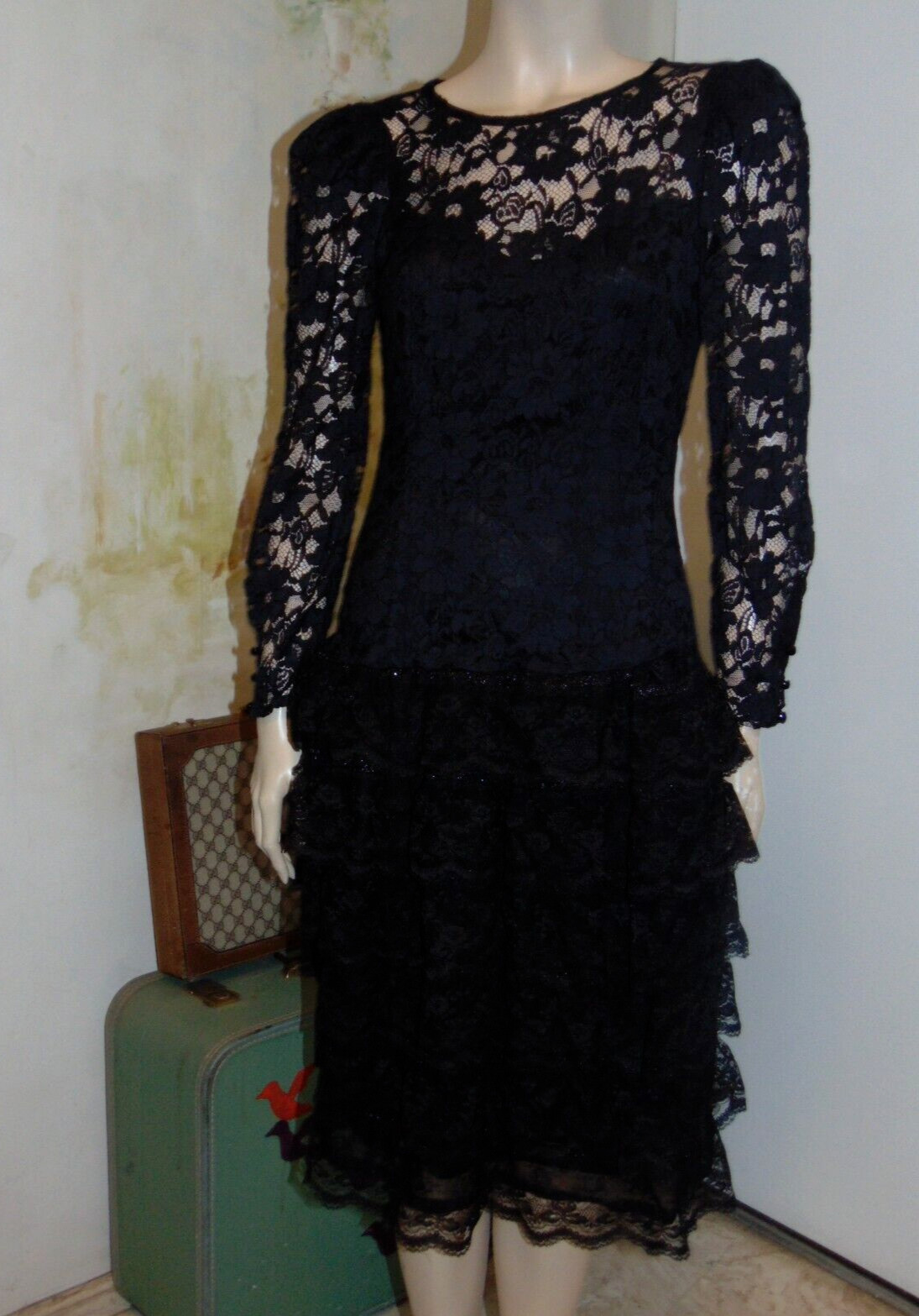 Vintage 80s Cachet by Bari Protas Victorian Flapper Drop Waist Black Lace Dress
