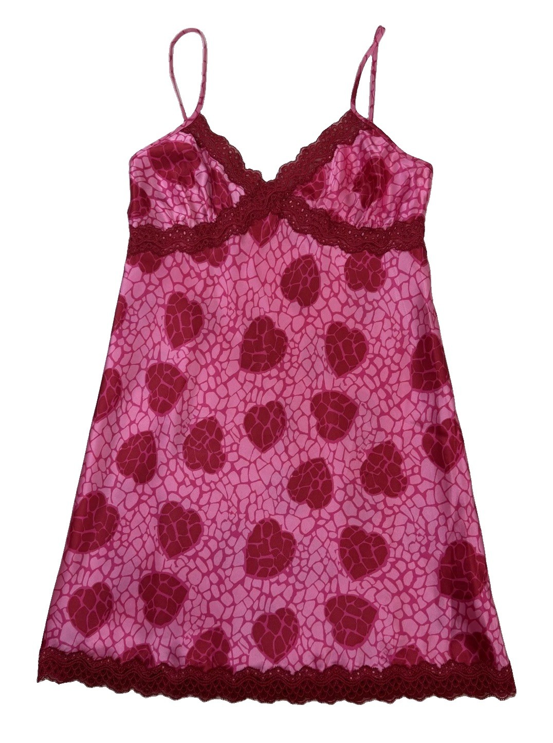Vtg Jaclyn Smith Y2K Pink/Red Heart Print Lace Babydoll Lingerie Slip Dress Sz S