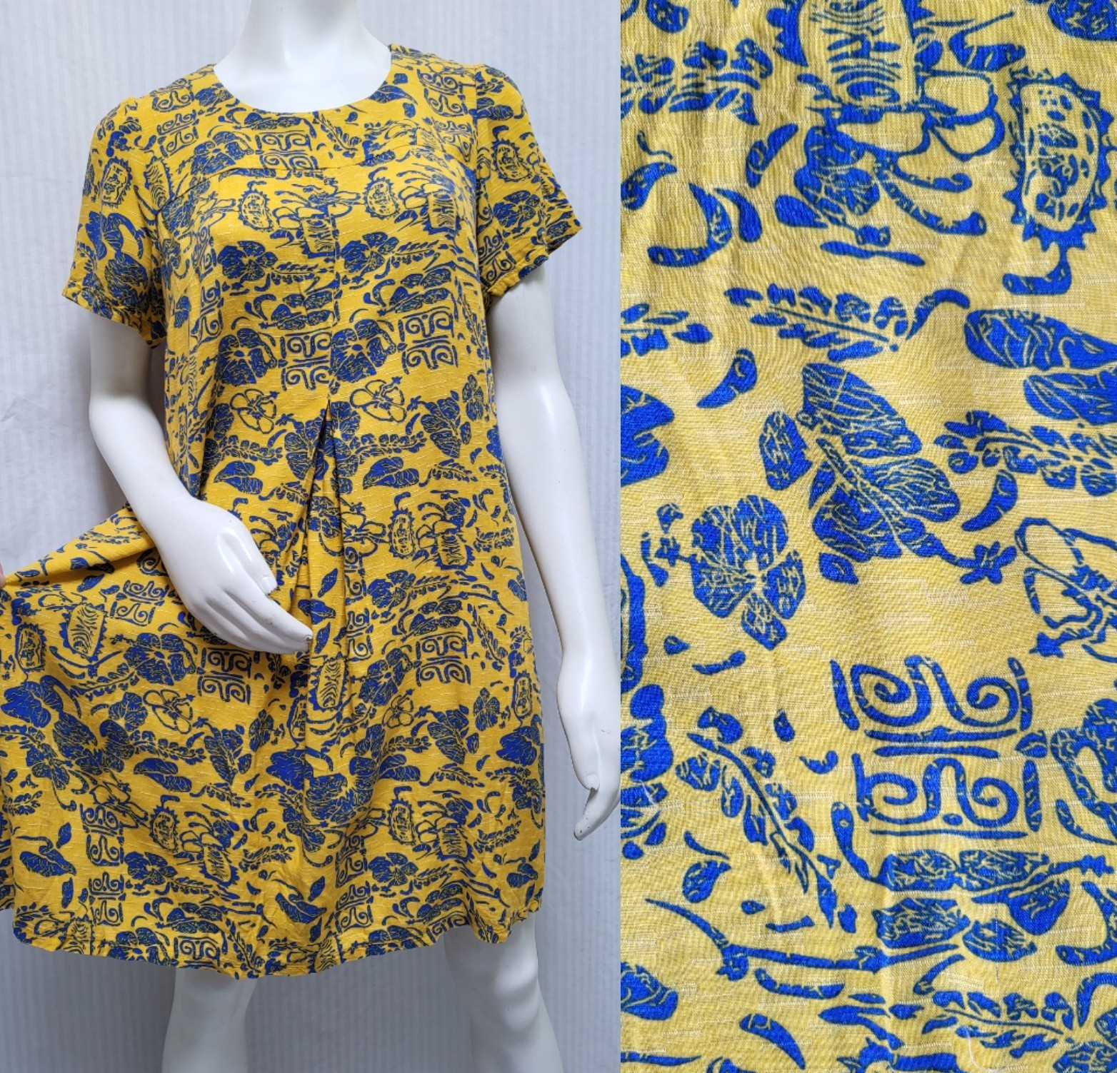 Vintage Yellow Blue Tiki Hawaiian Print Dress – Size M/L – EUC