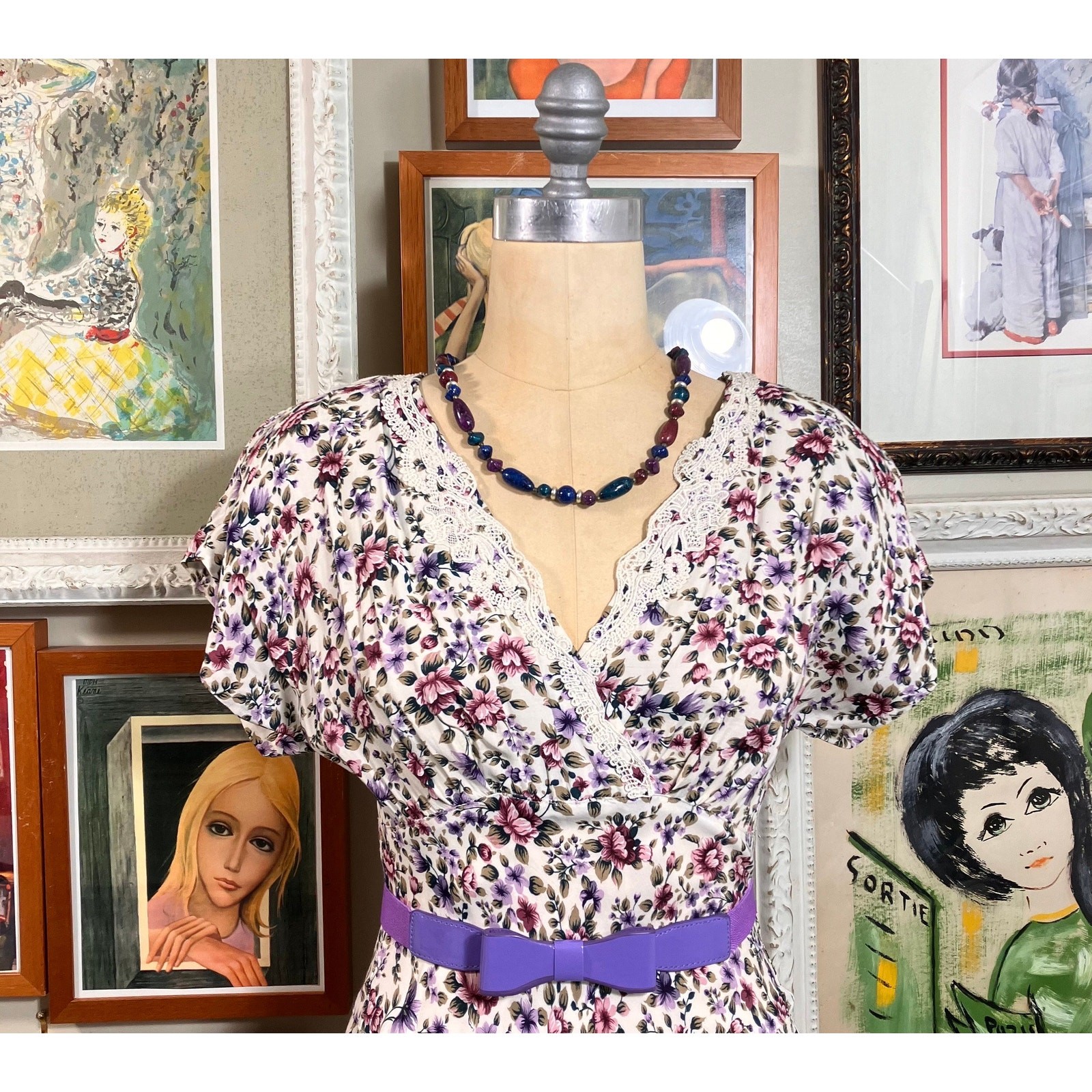 1980s D.B.Y. Limited Purple Floral Dress 1940s Style Rayon Midi Tea Length Small