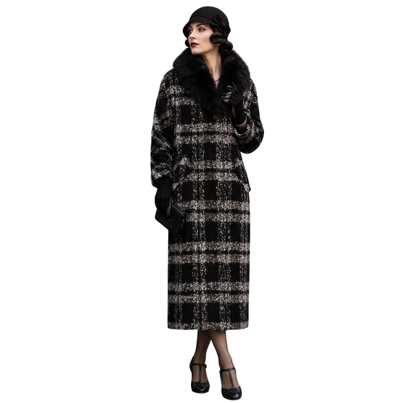 VTG Natalie Green Black White Mohair Tweed Long Coat Fox Fur Collar L XL
