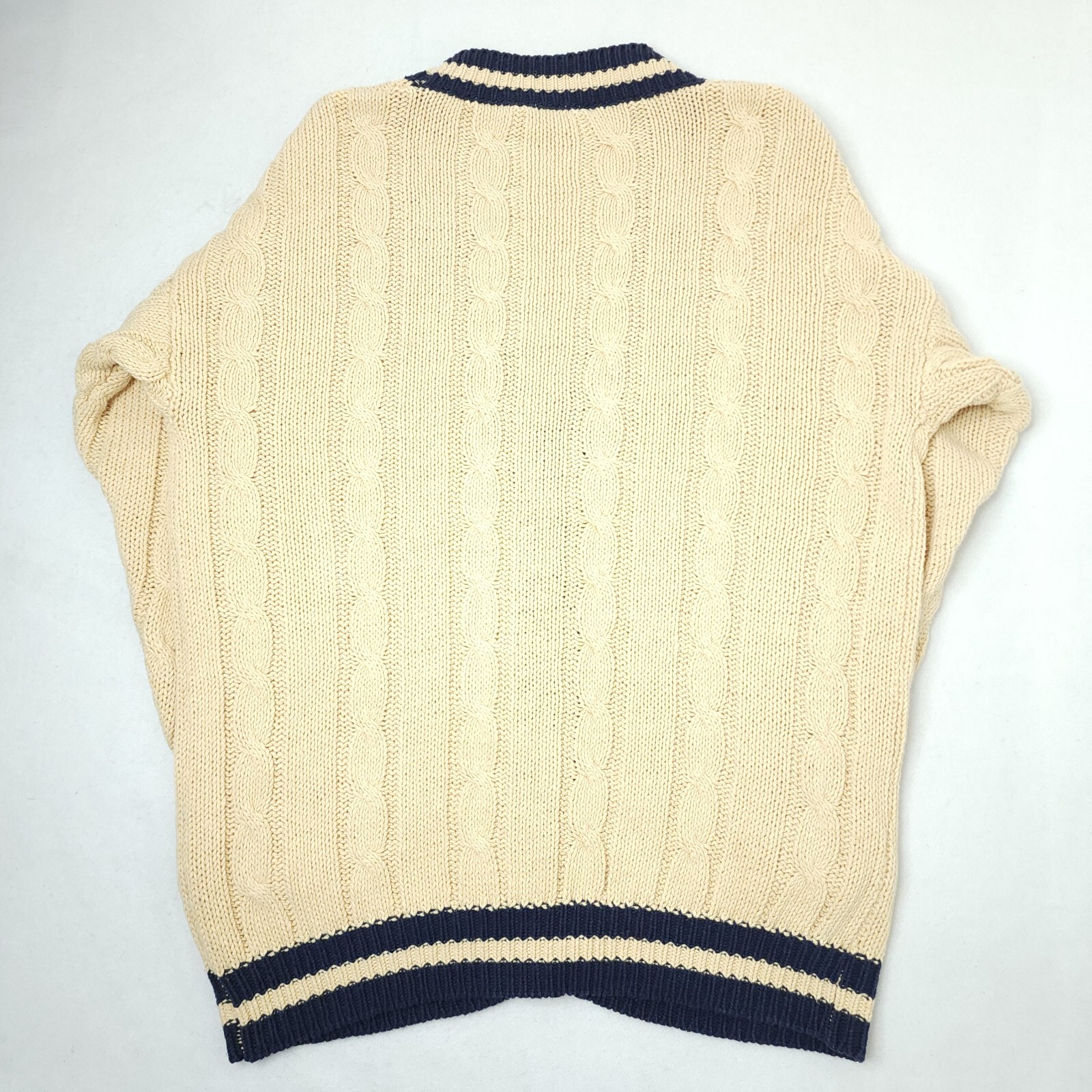 Vintage Chequers Fisherman Cable Knit Cardigan Womens Large Linen Blend Sweater