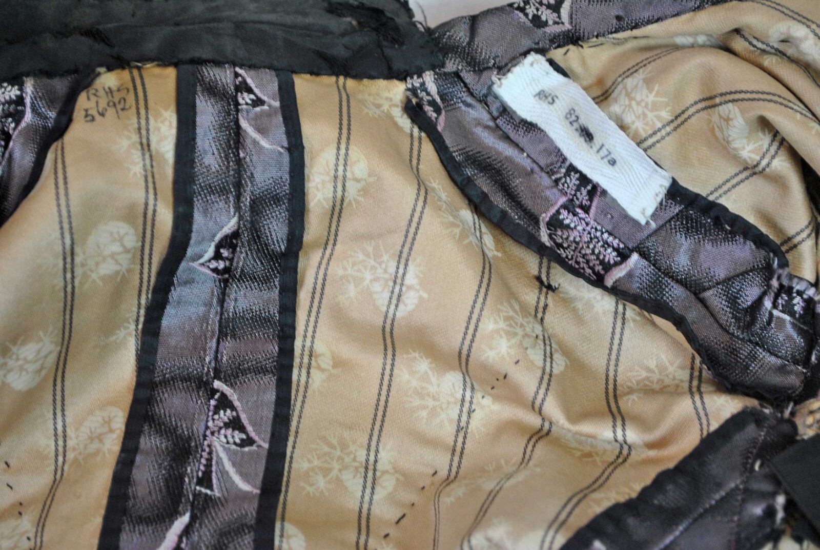 VICTORIAN 2 PIECE MAUVE SILK BROCADE VISITING DRESS 1893, MUSEUM DEACCESSION