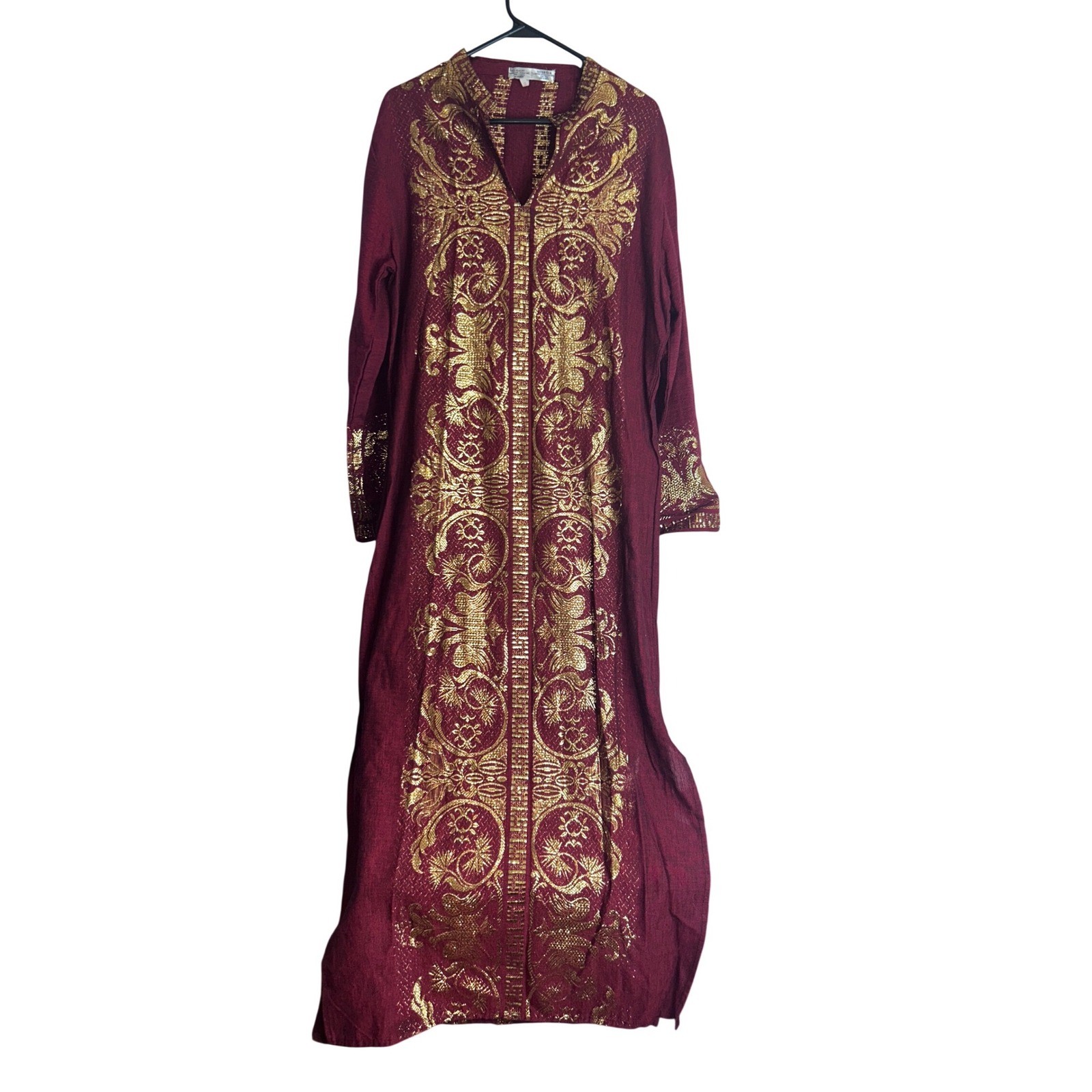 Vintage Georgia of Greece Kaftan Maxi Dress Burgundy Gold Metallic India