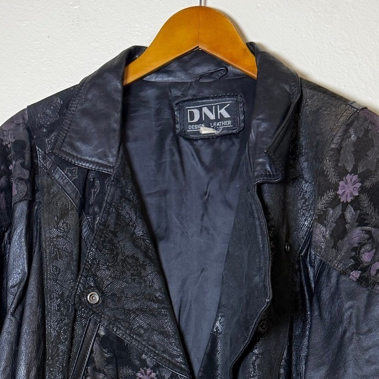 Vintage DNK Design Leather Women Jacket S Black Floral Lace Retro 80s Goth