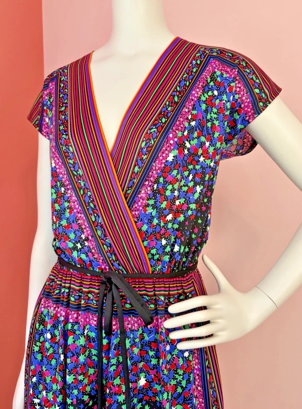Vintage 70s Perry Young Floral Border Print Faux Wrap Dress Boho Disco S Tie