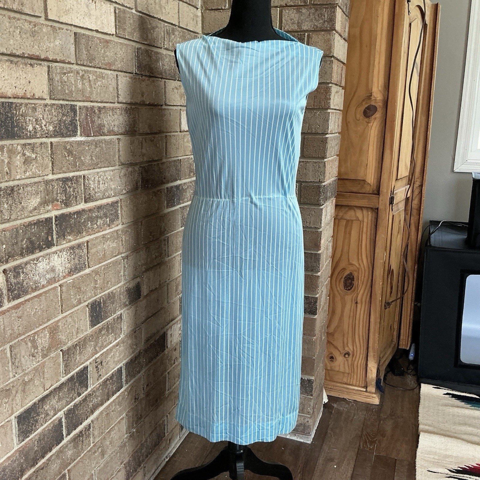 60s 70s VTG Monique Blue White Stripe Sleeveless Midi Dress Size S Acetate #31D7