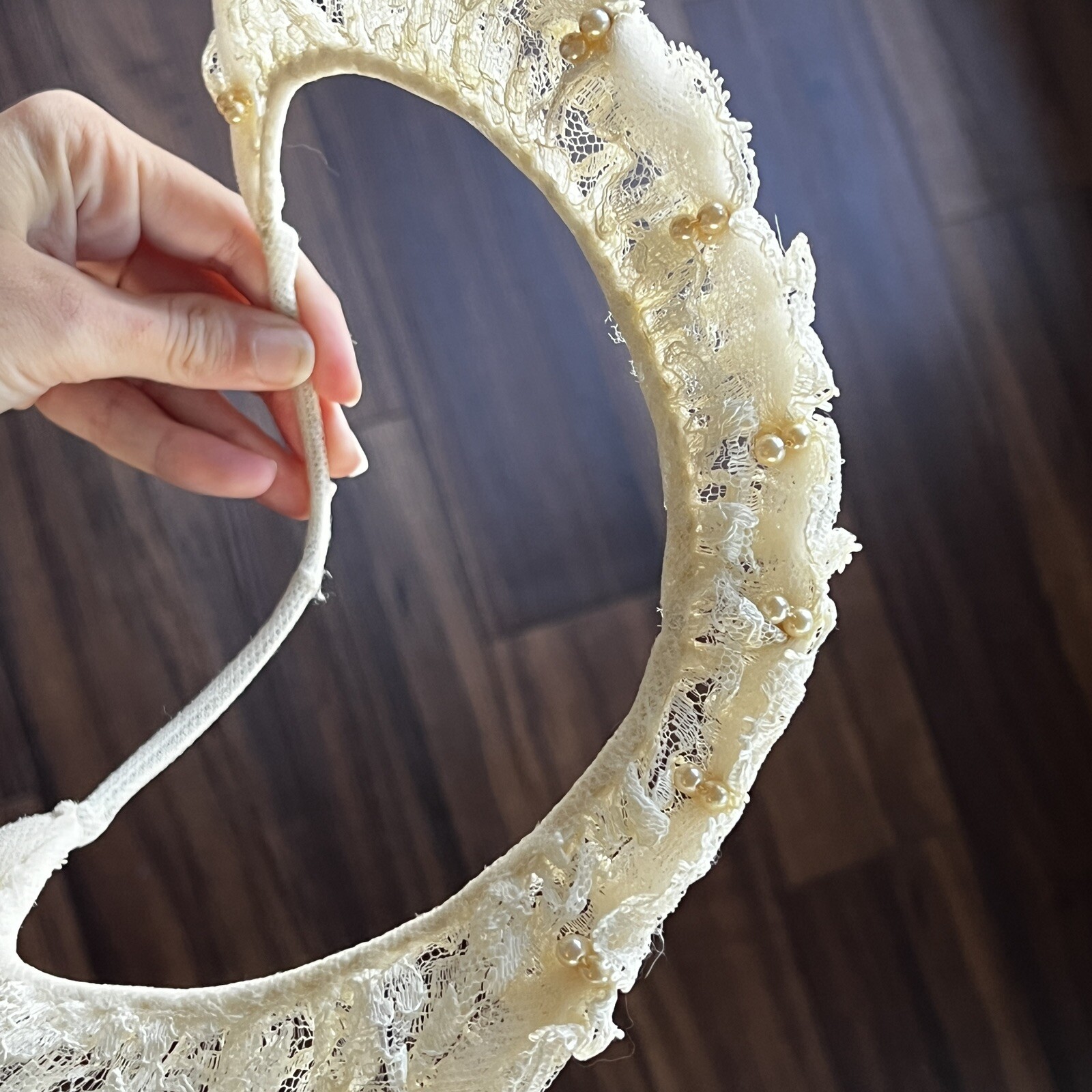 Vintage 1940s Ecru Lace + Pearl Bridal Halo Art Deco Headpiece Crescent Crown