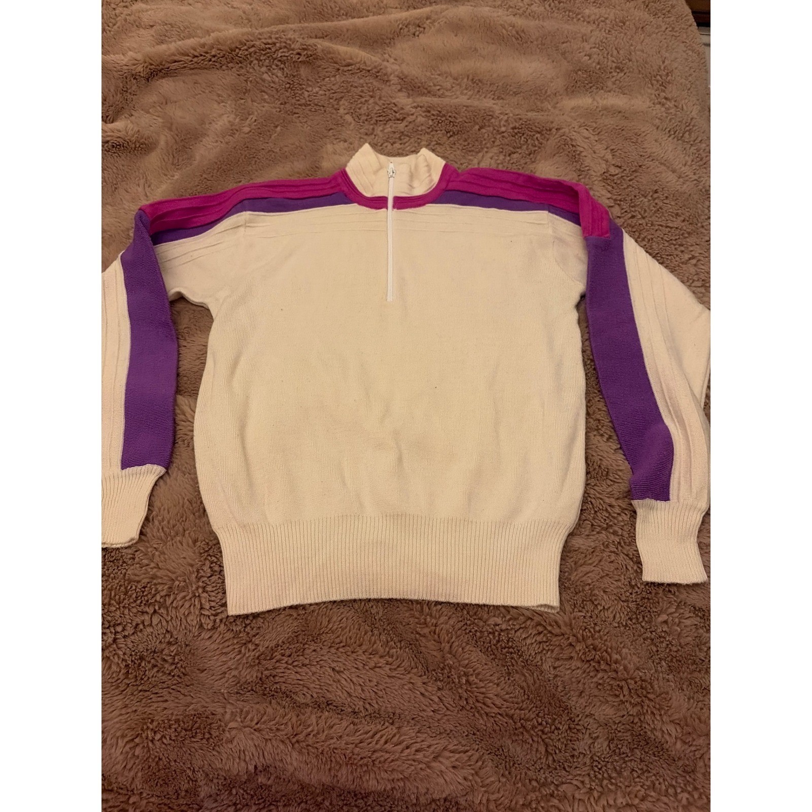 Vintage Meister Womens Wool Blend Quarter Zip Ski Sweater Cream Purple Pink L
