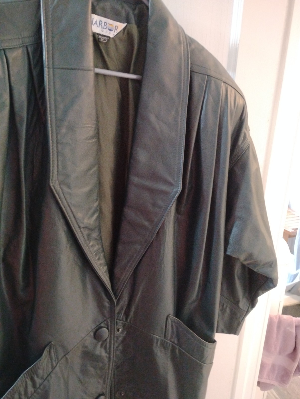 Vintage 80s Harbor Dark Green Leather Jacket Oversized Shawl Collar Coat Medium