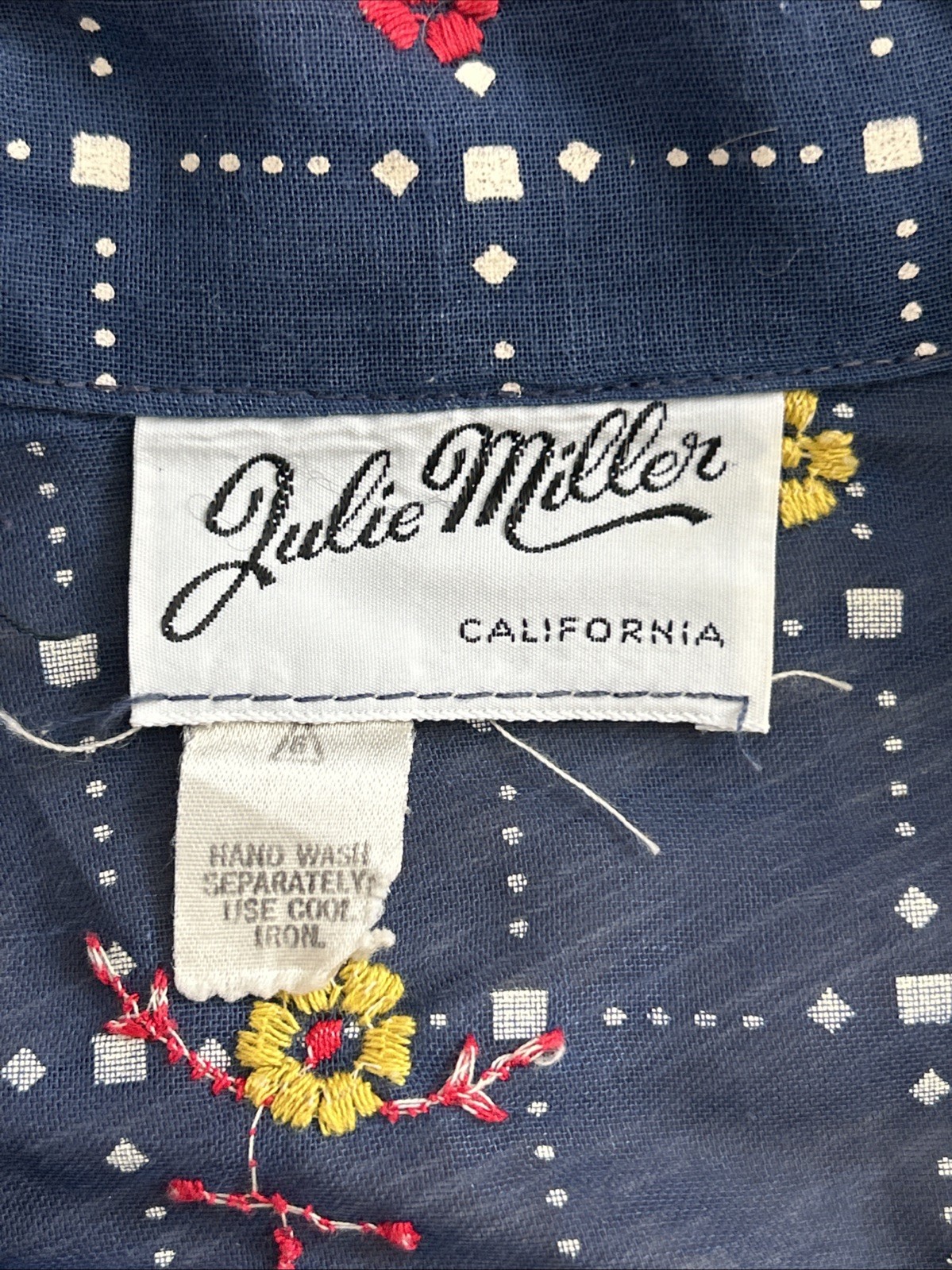 Vtg Womens JULIE MILLER California Blouse Hand Embroidered Sheer Shirt Navy Sz6
