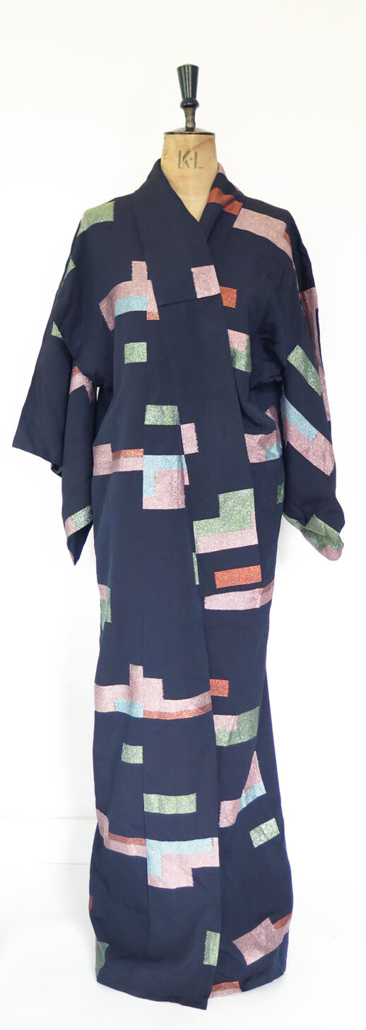 Original Vintage 1950s 1970s 1980s Blue Pink Lurex Deco Style Kimono Robe Gown