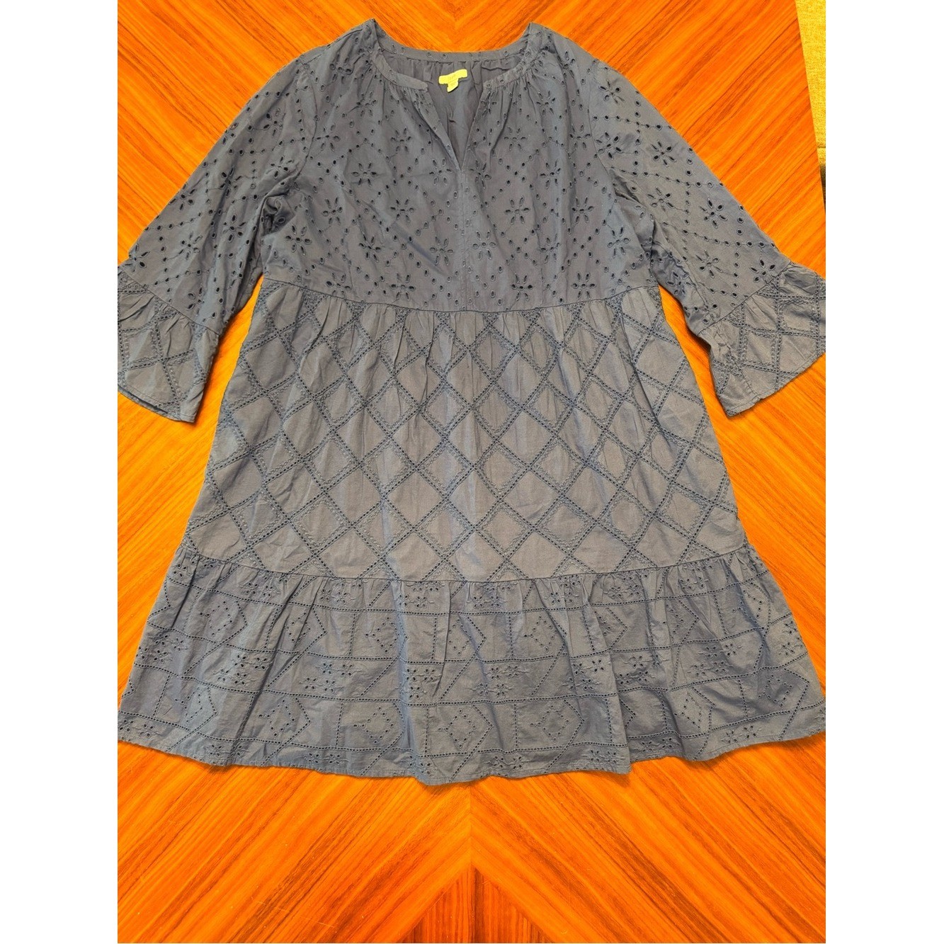 J. Jill Blue Eyelet Embroidered Tiered Cotton Dress Size L