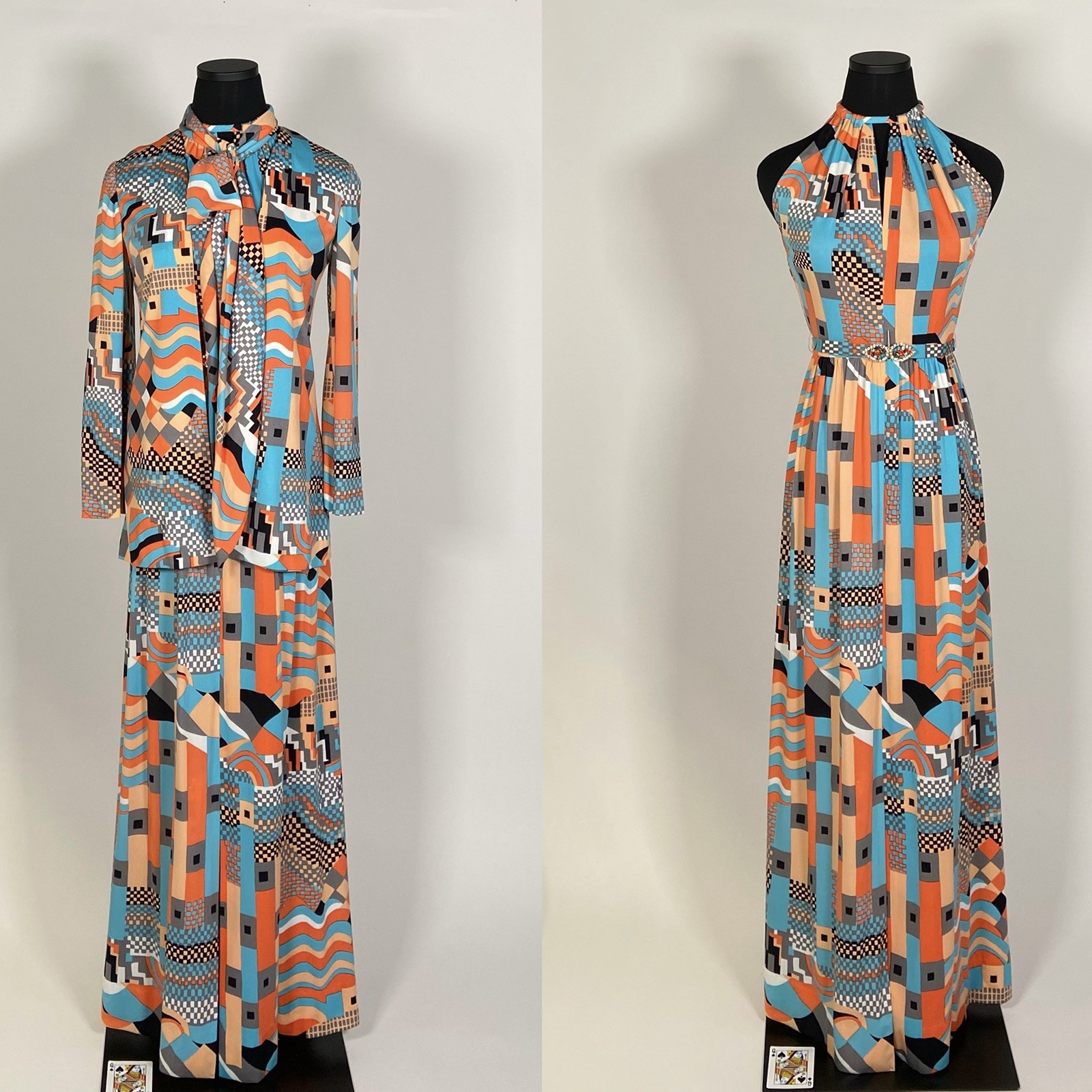 033 1970s Halter dress set, jacket, orange op-art Pat Sandler size XS VG!
