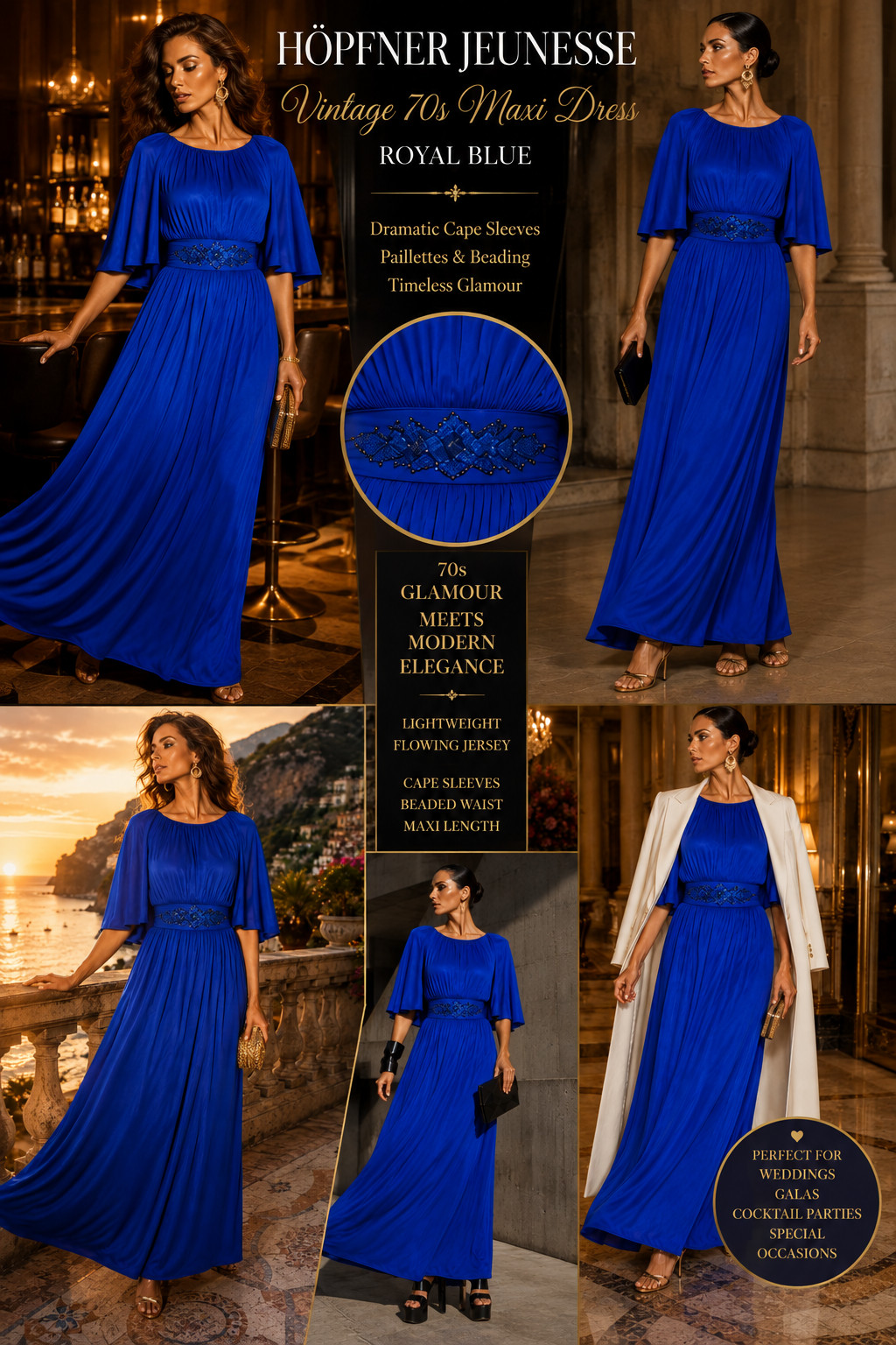 70s maxi dress evening dress Höpfner Jeunesse vintage royal blue cape sleeves 42 44