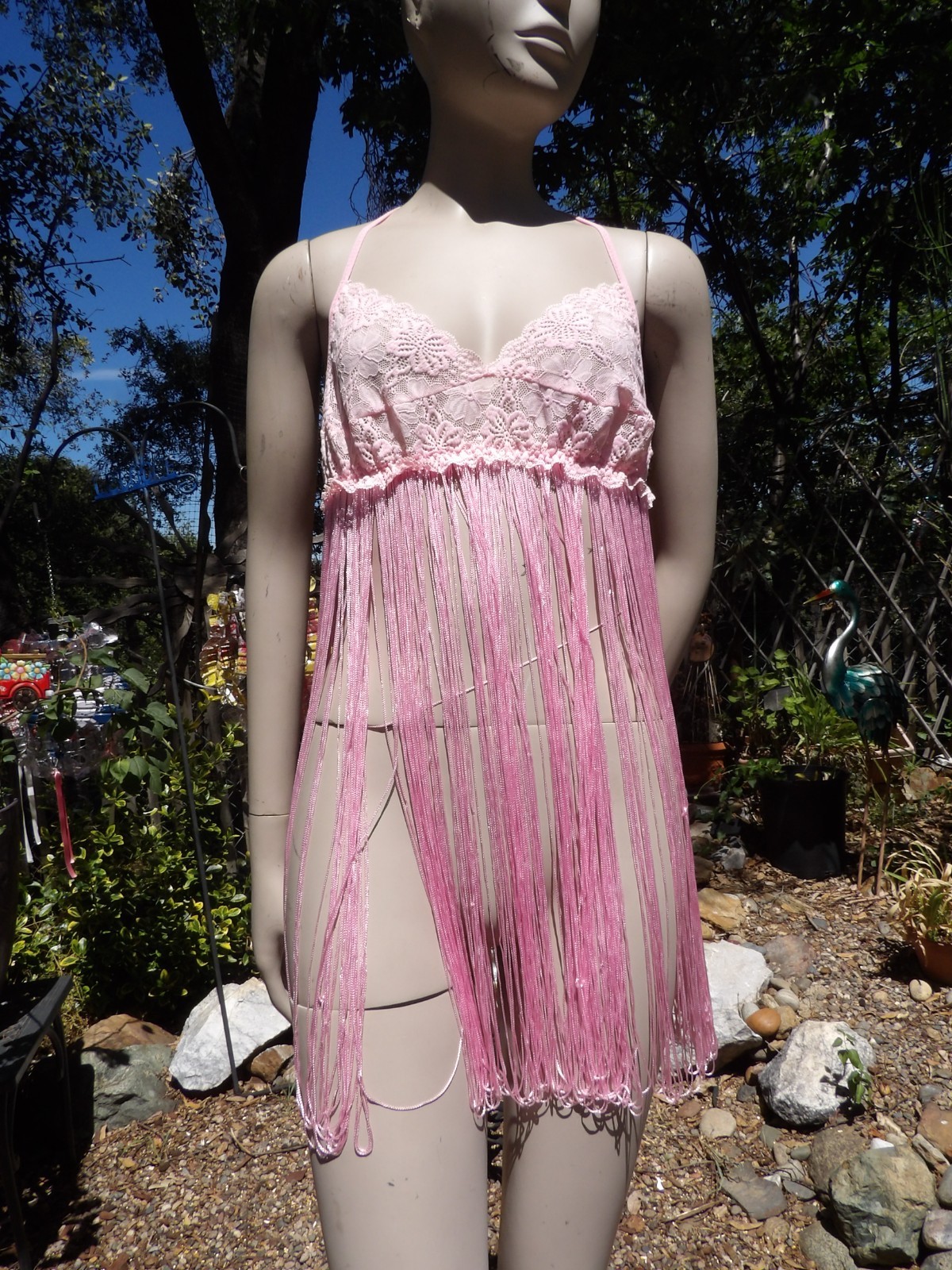VTG SHIRLEY OF HOLLYWOOD PINK FRINGE & LACE BABY DOLL NIGHTY M