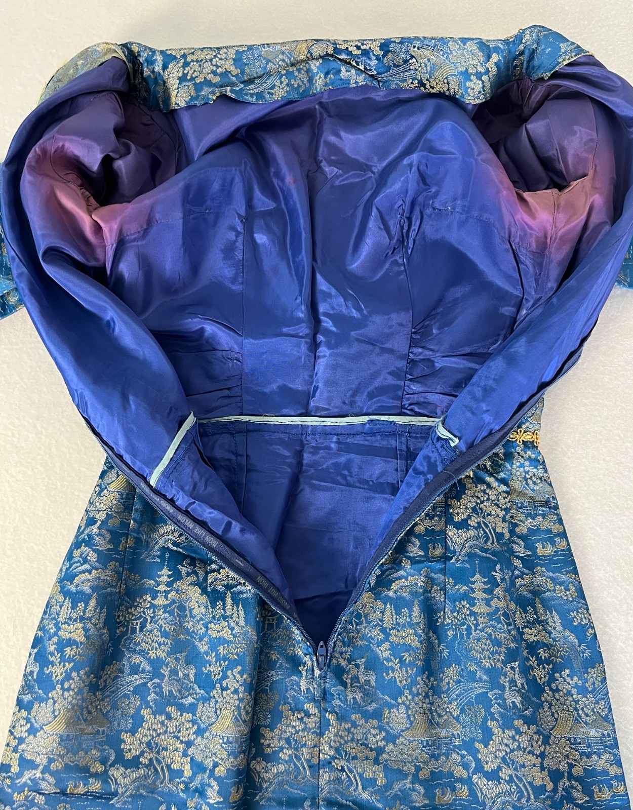 Vintage 50s Gold Jacquard Brocade Dress Womens S Blue Cocktail Talon Zip