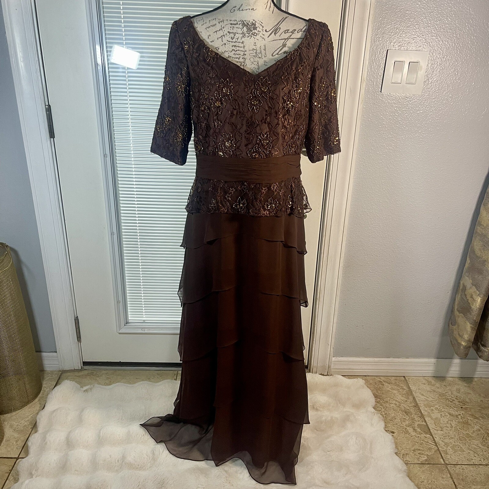 Camila Elbaz Vtg Mother Of The Bride Lace Sequin Ruffled Tier Spain Silk Dress
