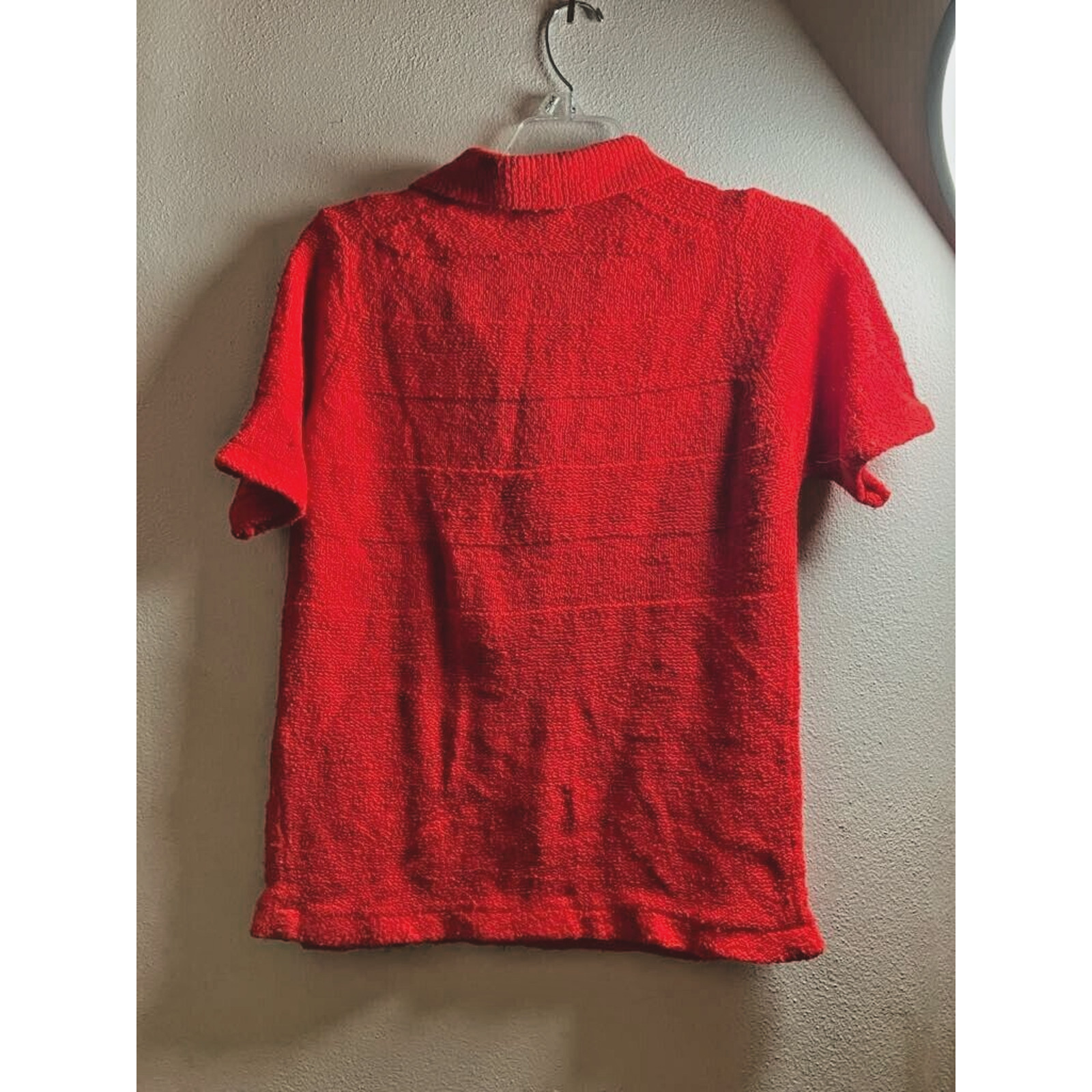 Vintage Knit Sweater Red C1960s Summer Short Sleeve w Collar