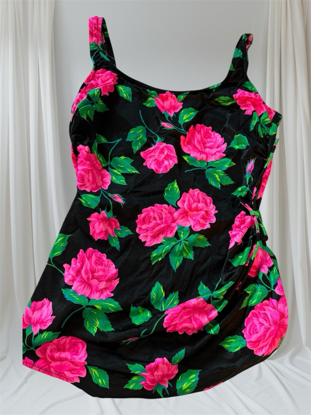 VTG Swimsuit FLORESCENT PINK ROSES NWT BRIGHT! Women’s M/L Skirted Front