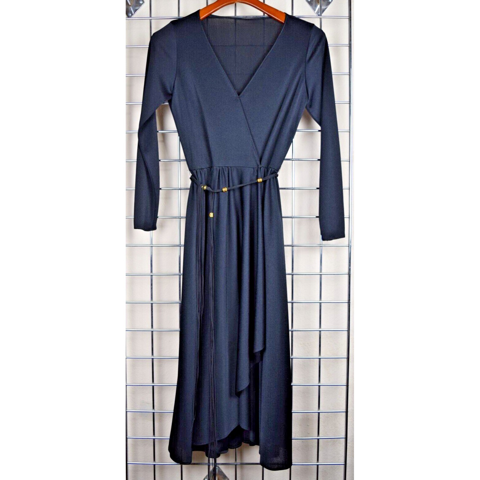 Vintage Wrap Dress Shiny Black Size S 70s Snap Front Gold Embellished Belt Tie