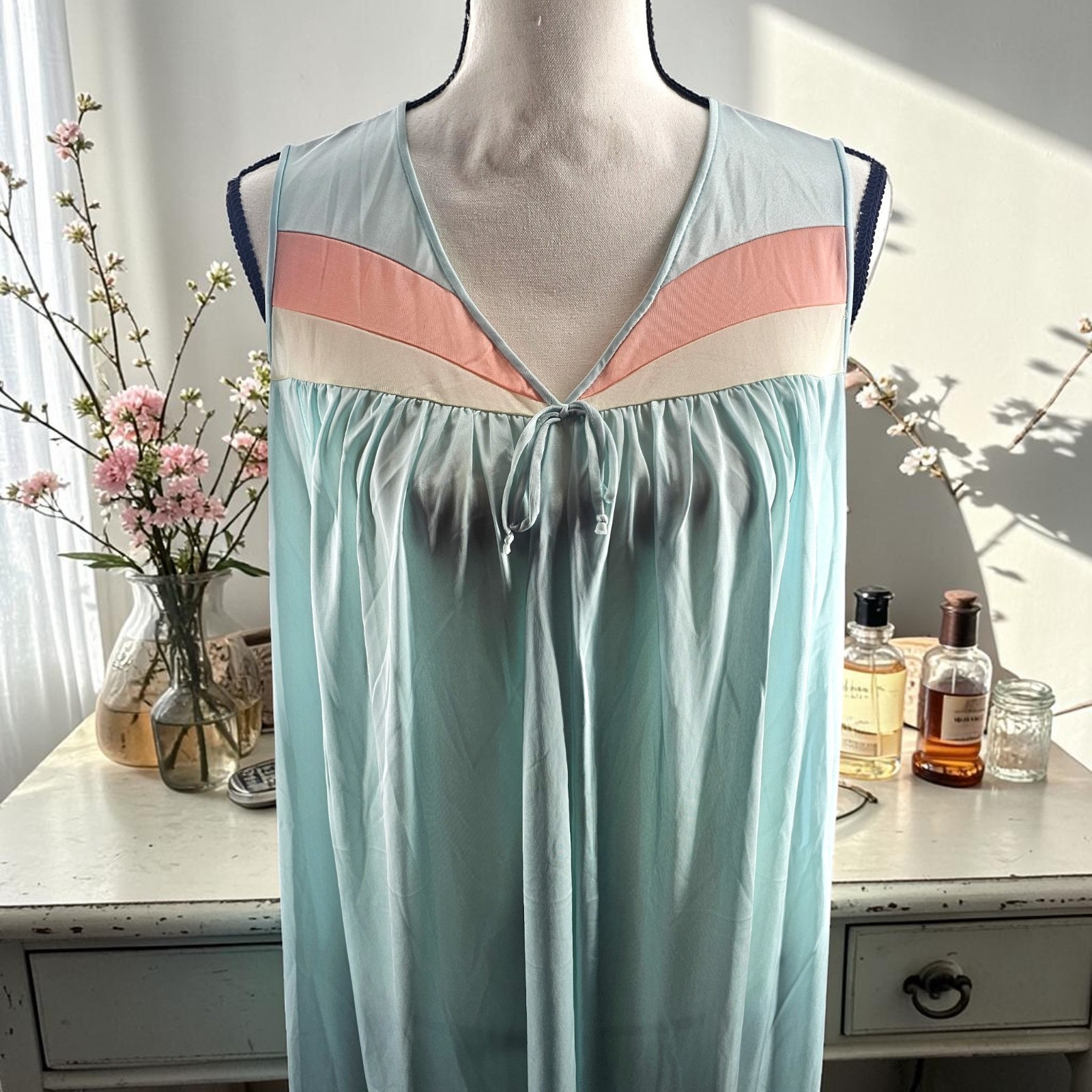 VTG Lorraine Nightgown MD Mint Seafoam Peach Color Block Sleeveless Nylon Sheer