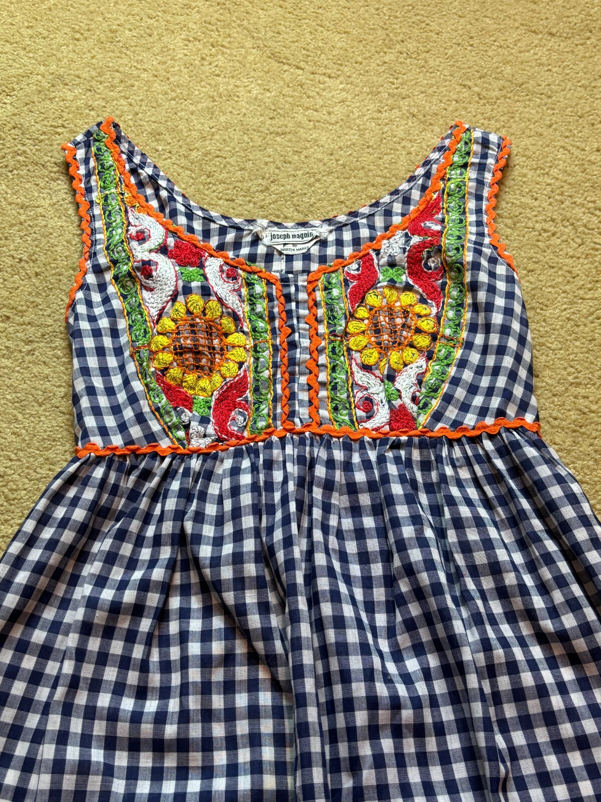 Vintage 70s Joseph Magnin Embroidered Gingham Maxi Dress Boho Hippy Sunflower XS