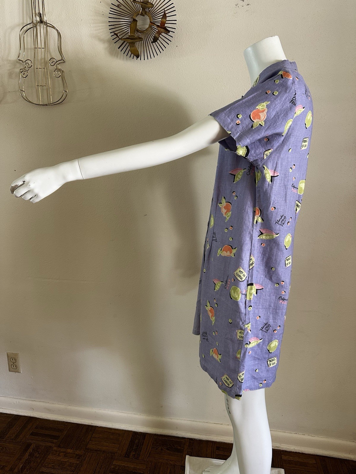 Vintage 90s Linen Novelty Citrus Fruit Shirt Dress Purple Button Front Kiko S M