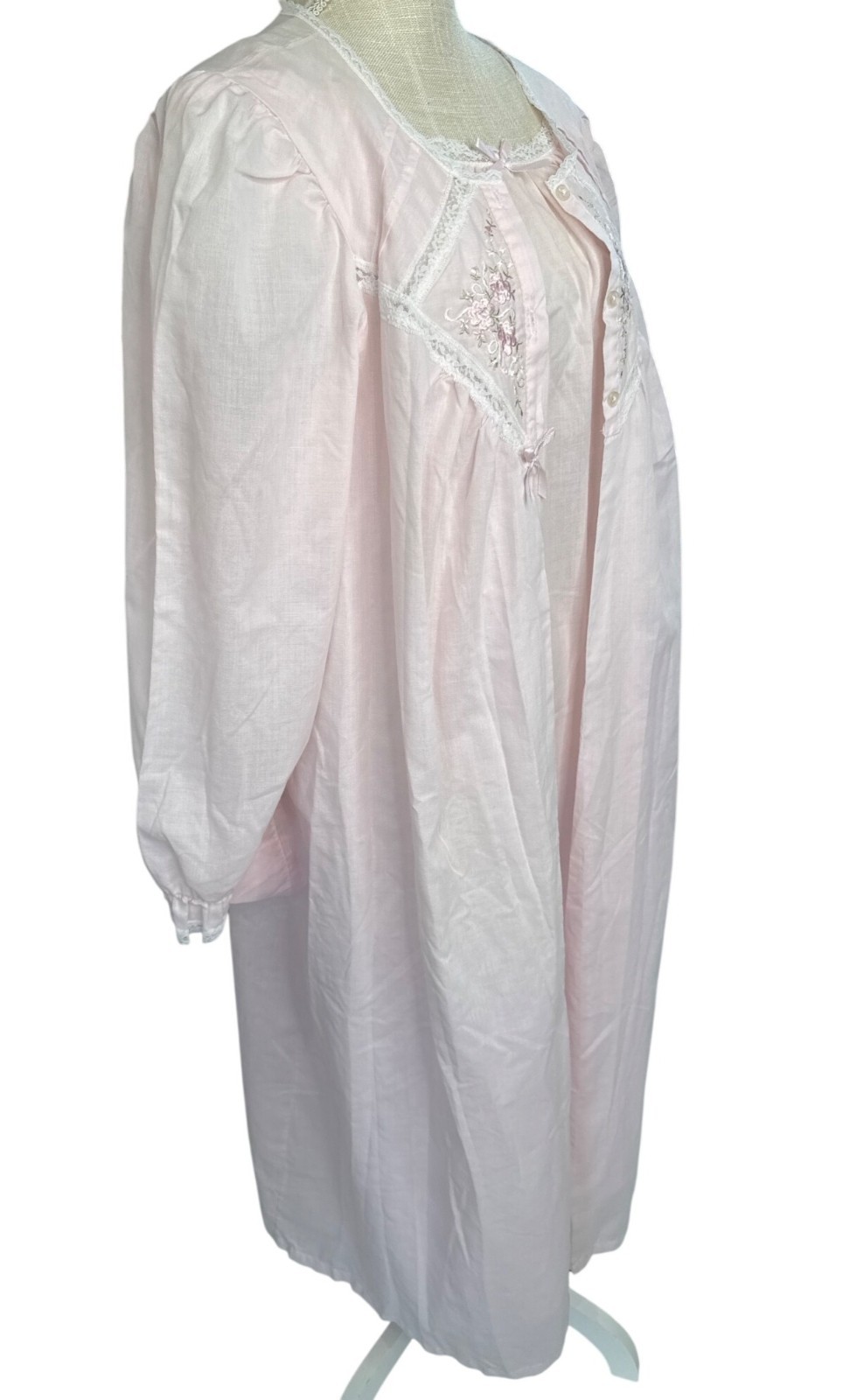 Vintage Cachet Cotton Pink Lace Embroidered Nightgown/Robe Set L 16-18
