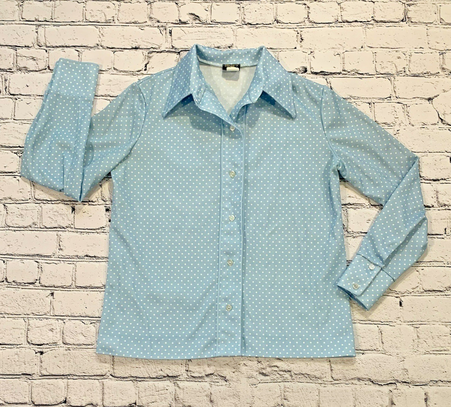 Vintage 70’s Stage 7 Women’s Polyester Casual Button Up Blue Polka Dot Blouse