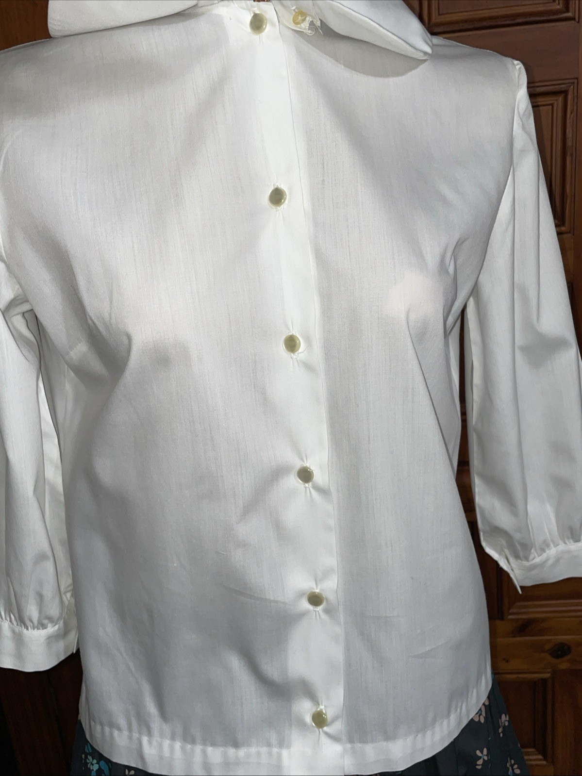 Vintage Sybil White 3/4 Sleeve Blouse Round Collar Detachable Sash Tie Front