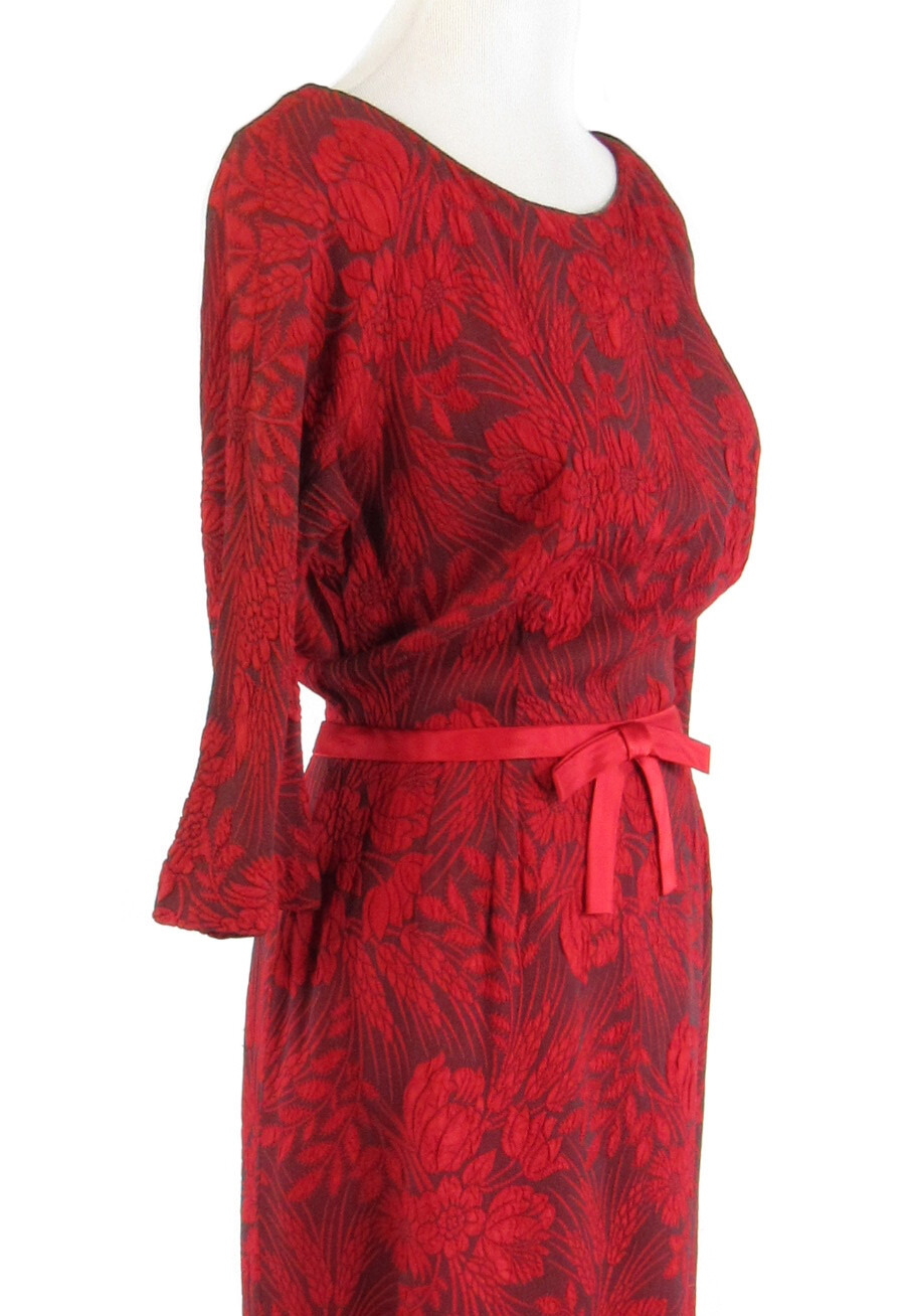 Red gray floral print 3/4 sleeve vintage day dress 12 S