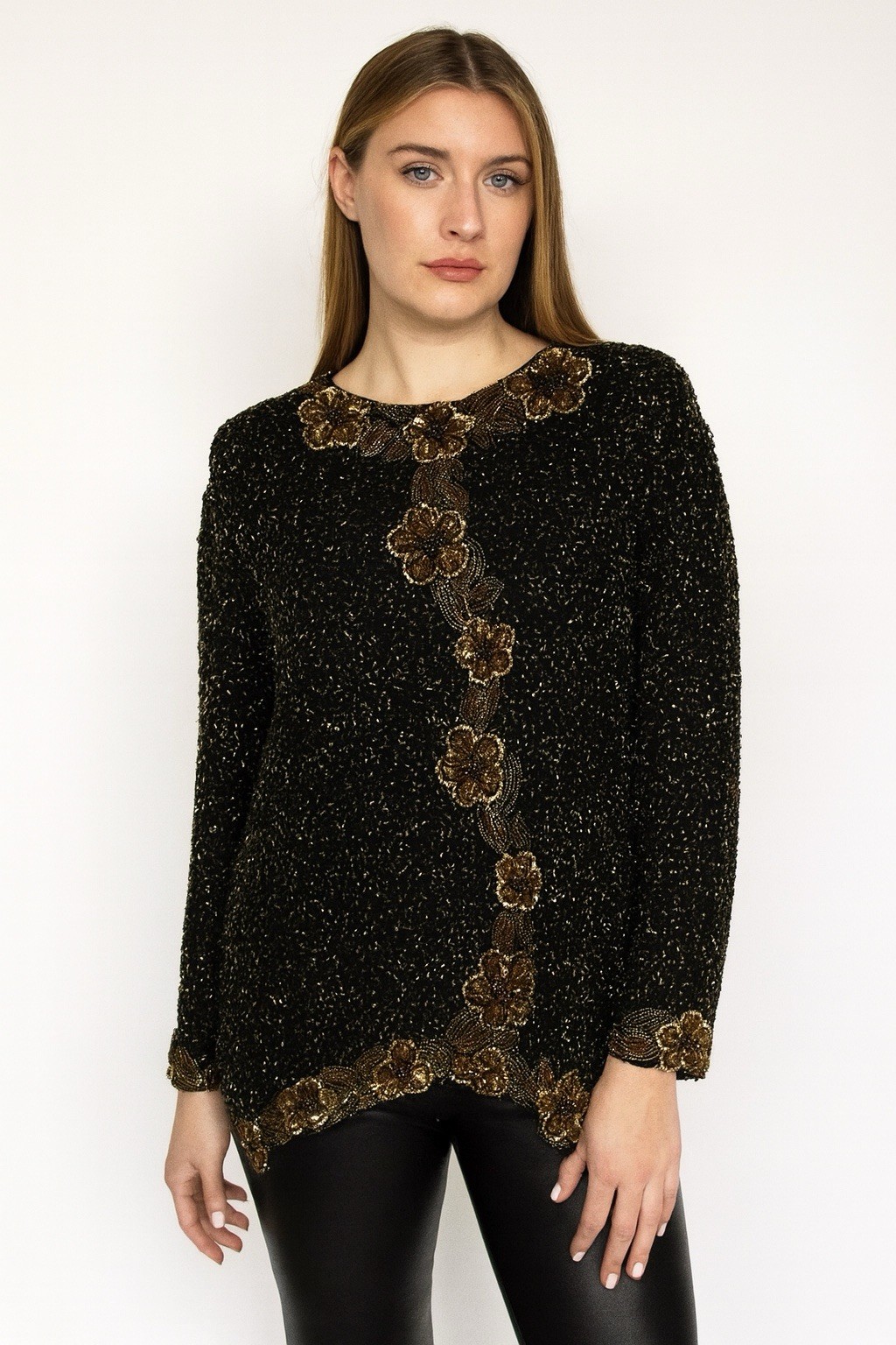 Vintage Candlelight by Jainsons Black 100% Silk Beaded Sequin Top L 1980s Glam