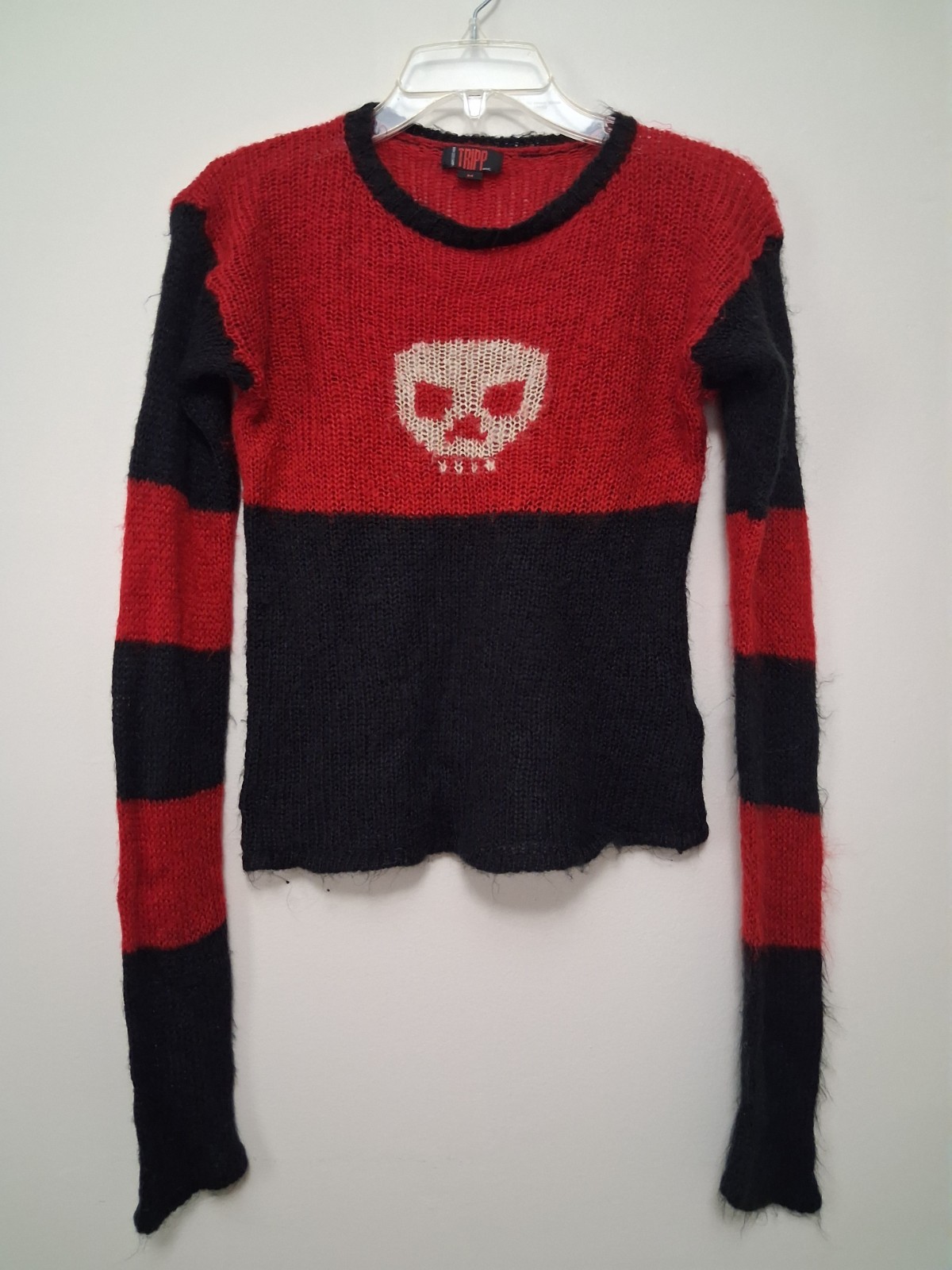 VTG Tripp NYC Skull Knit Sweater Red Black Striped Gothic Grunge Medium