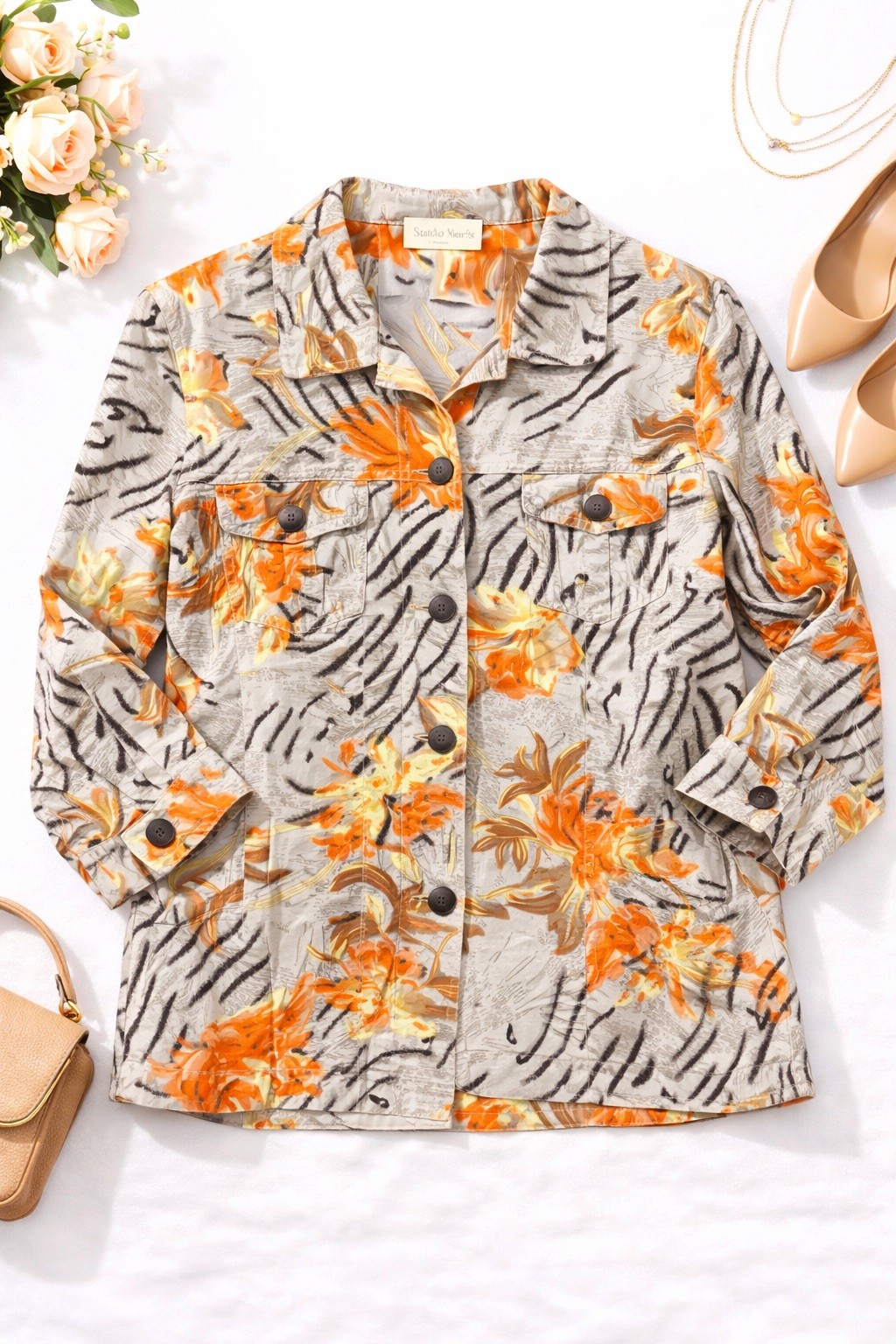 Studio Works Jacket Womens Large Floral Zebra Print Beaded Button Front Cotton