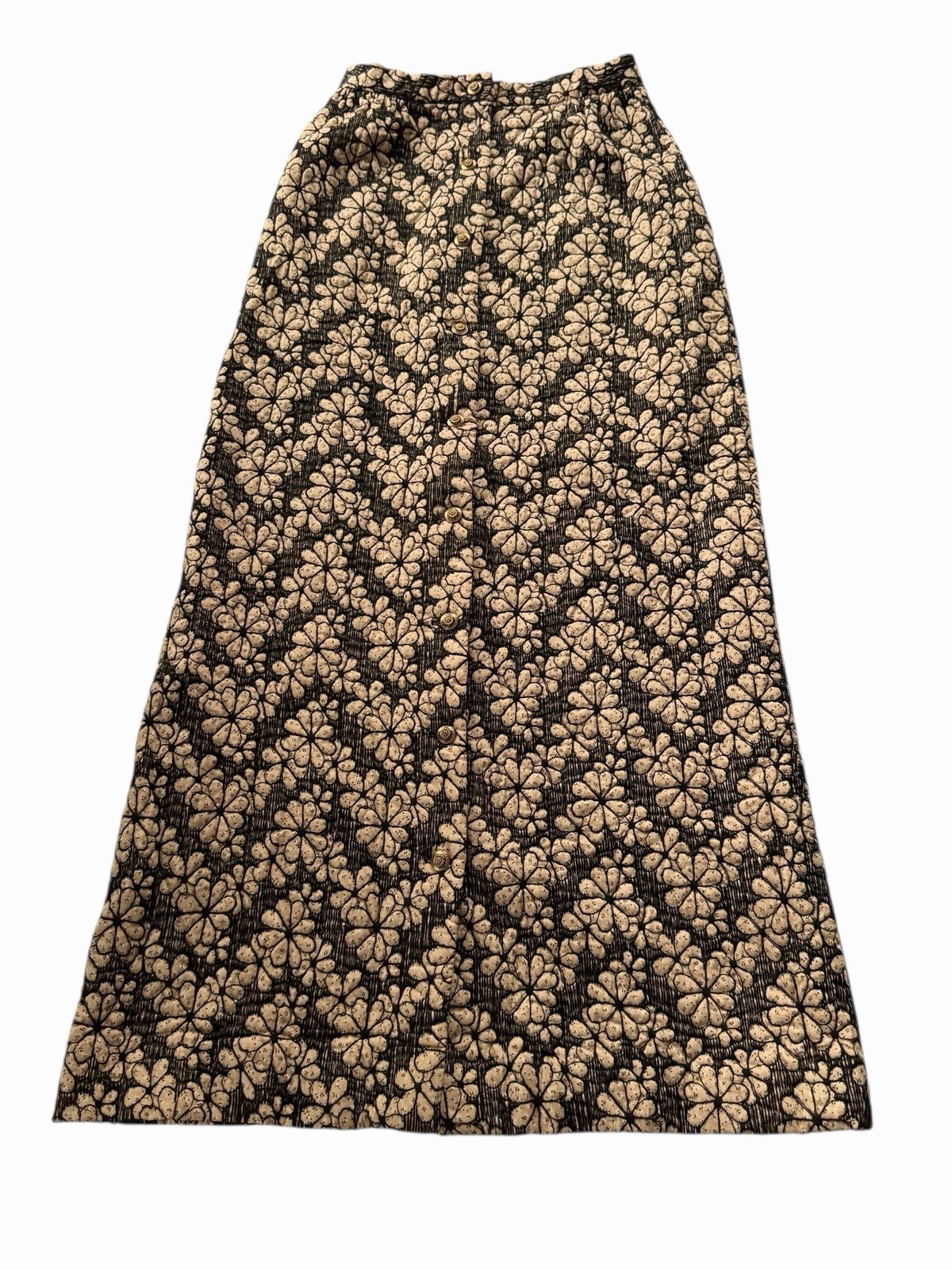 VTG 1970s Floral Quilted Maxi Skirt XS Black Beige Gold Tone Buttons Cottagecore