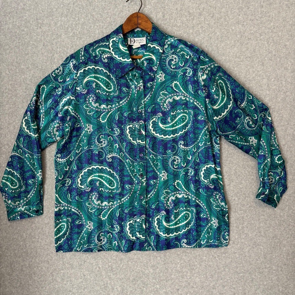 Vintage 80s Da-Rue Blue Teal Paisley Striped Women’s Button Down Blouse Sz 18 XL
