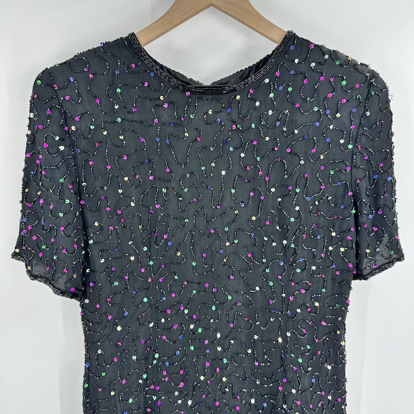VTG Silk Sequin Beaded Dress Party 80s Sparkle NYE 90s Cocktail Homecoming Large