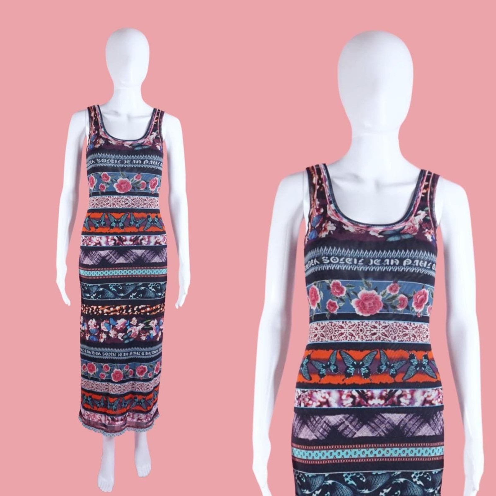 1990s-Y2K Jean Paul Gaultier SOLEIL JPG FUZZI Printed Mesh Maxi Tank Dress. SM