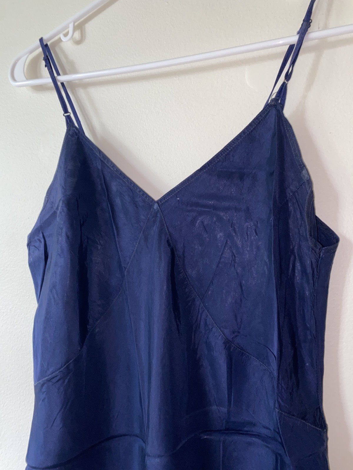Vintage 1940s, 1950s Women’s Dark Navy Blue Satin Slip Dress with Ruffle Detail