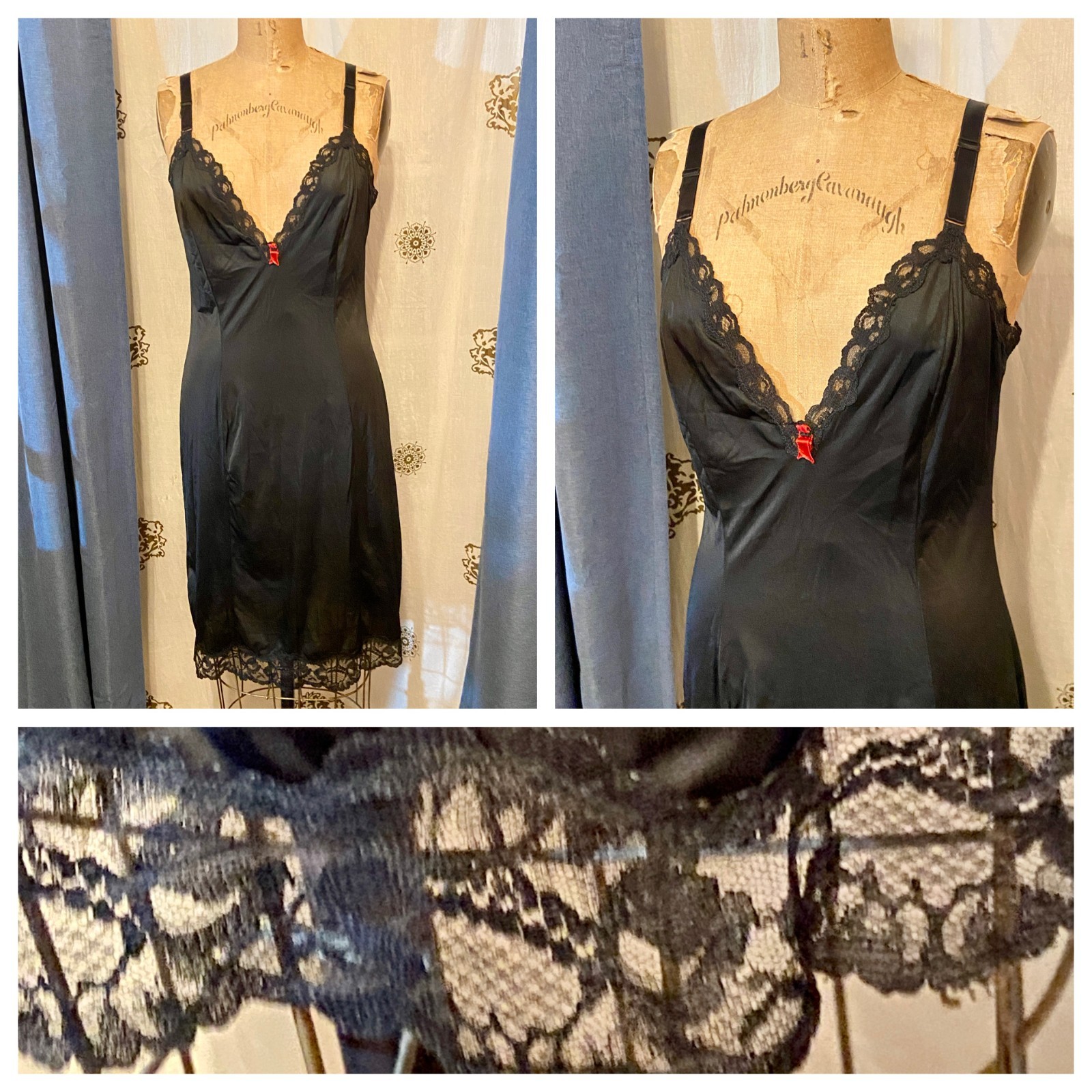 Vintage 60s 70s Black LACE Deep V Sexy Nightgown Slip Dress L Sissy Pin-Up Retro