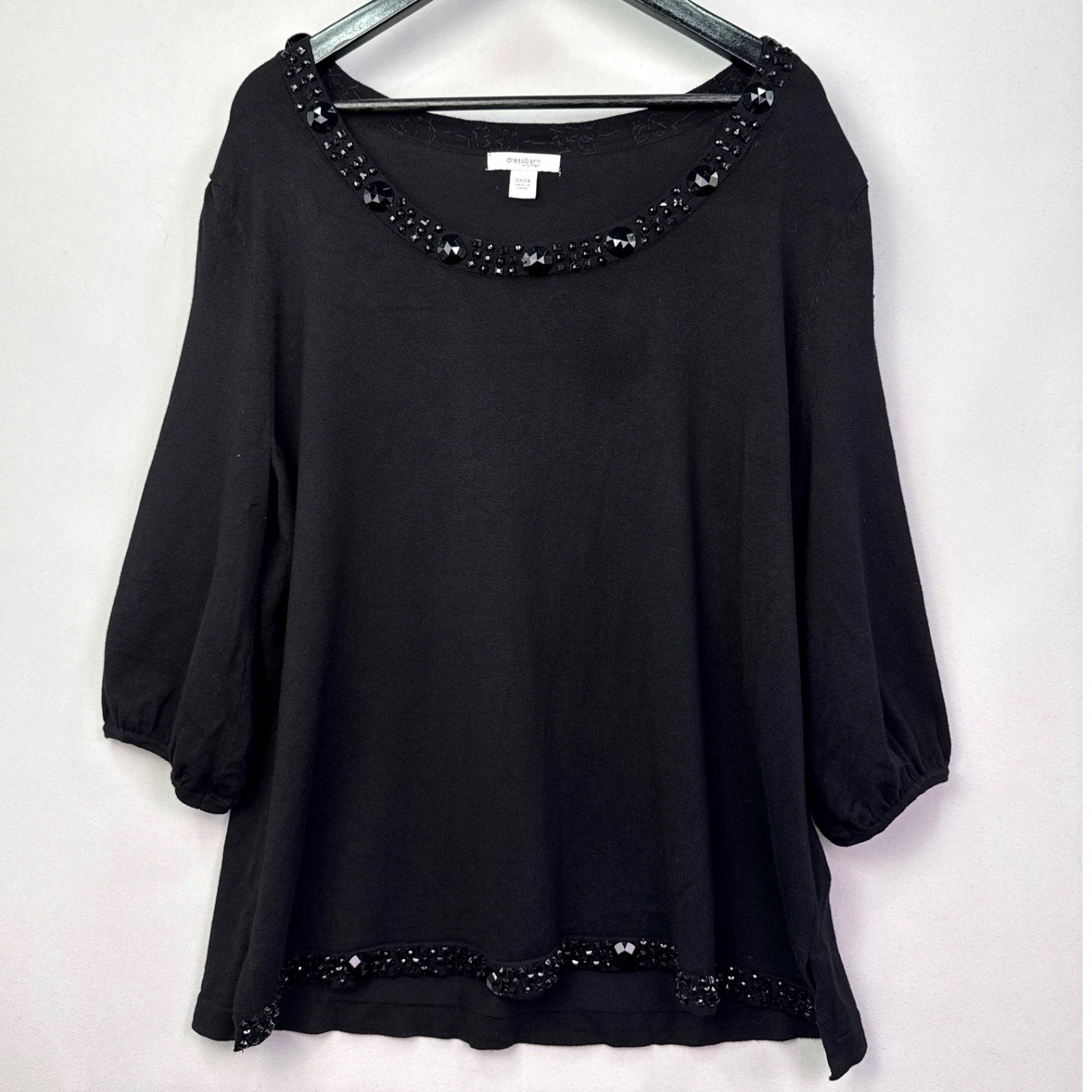 Dressbarn Woman Black Beaded Scoop Neck 3/4 Sleeve Knit Top Plus Size 22/24
